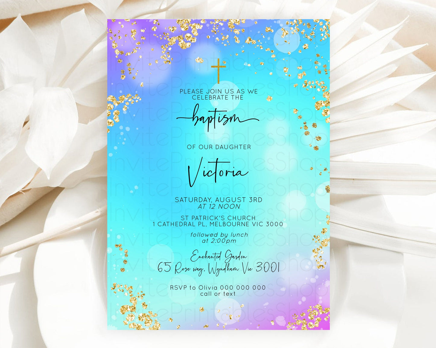 Pastel Baptism Invitation Pastel Colors Watercolor Baptism 1st Birthday Party Gold Ombre Pastel Rainbow Christening Holy Communion D10573