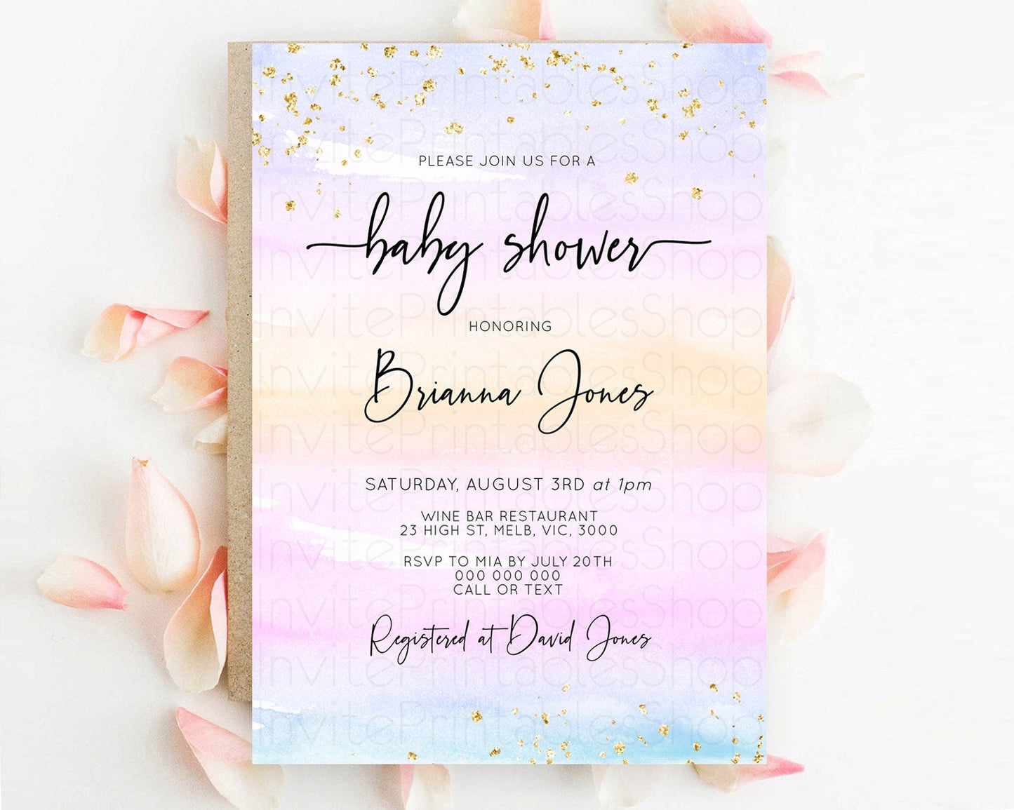 Pastel Baby Shower Invitation Rainbow Baby Shower Invitation Colorful Pastel Watercolor Invitation Gold Glitter Sprinkles Ombre D10594