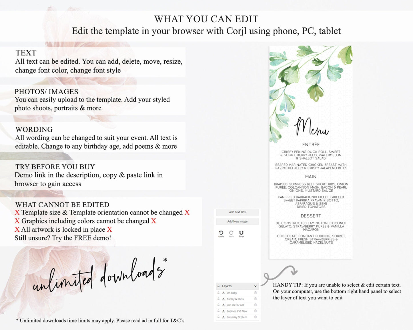 Leafy Menu Green Leaf Menu Template Eucalyptus Fern Leaves Decor Watercolor Boho Garden Leaf Branch Dinner Dessert Party Food Menu D11057