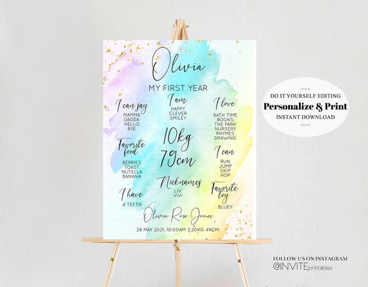 Watercolor Rainbow Baby Milestone Board First Birthday Poster Welcome Board 1st Birthday Baby Keepsake Sign Glitter Pastel Colorful Splash