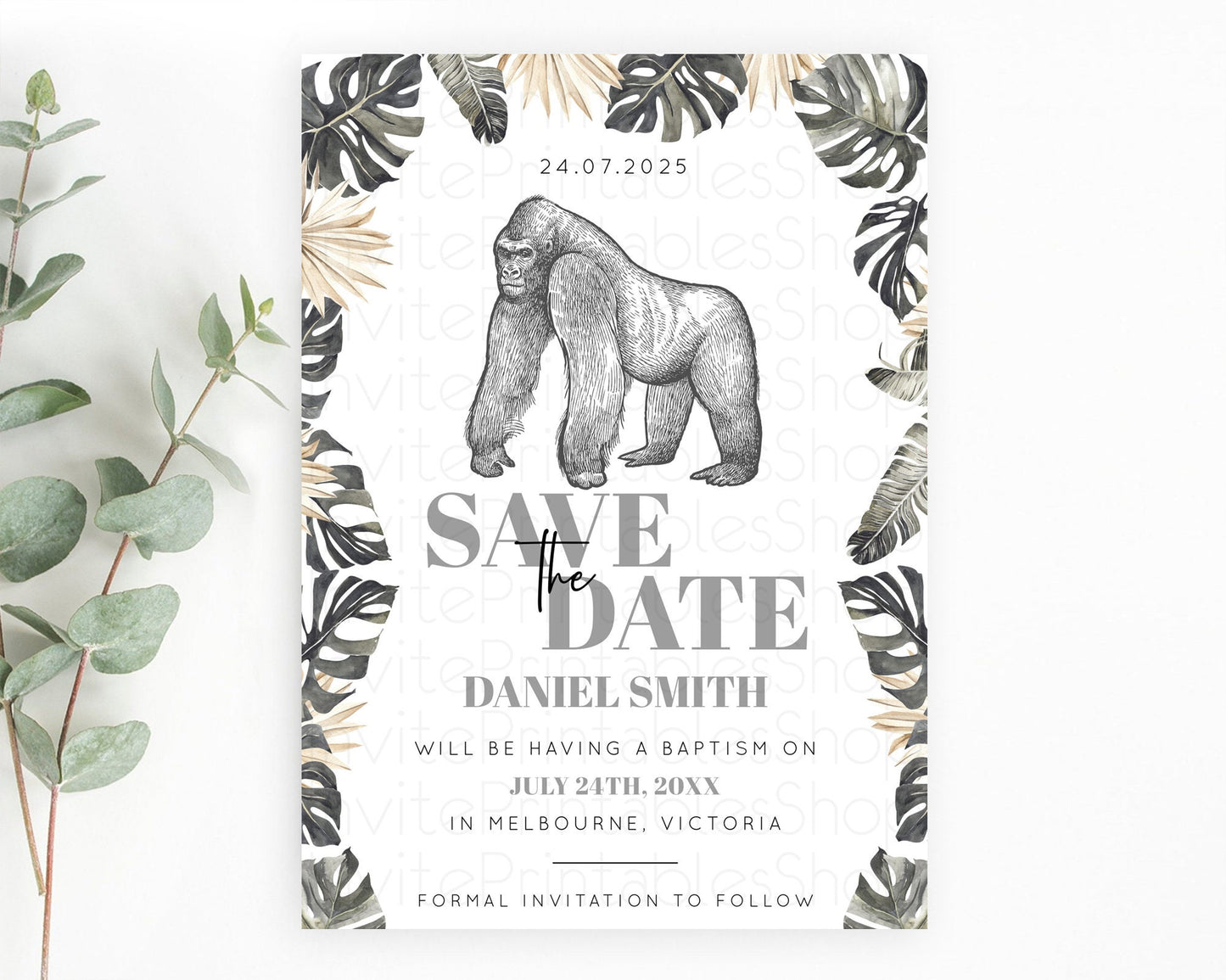 Gorilla Save The Date Template Gorilla Party Save The Date Safari Adventure Gorilla Minimal Theme 1st Birthday Baptism Baby Shower D10825