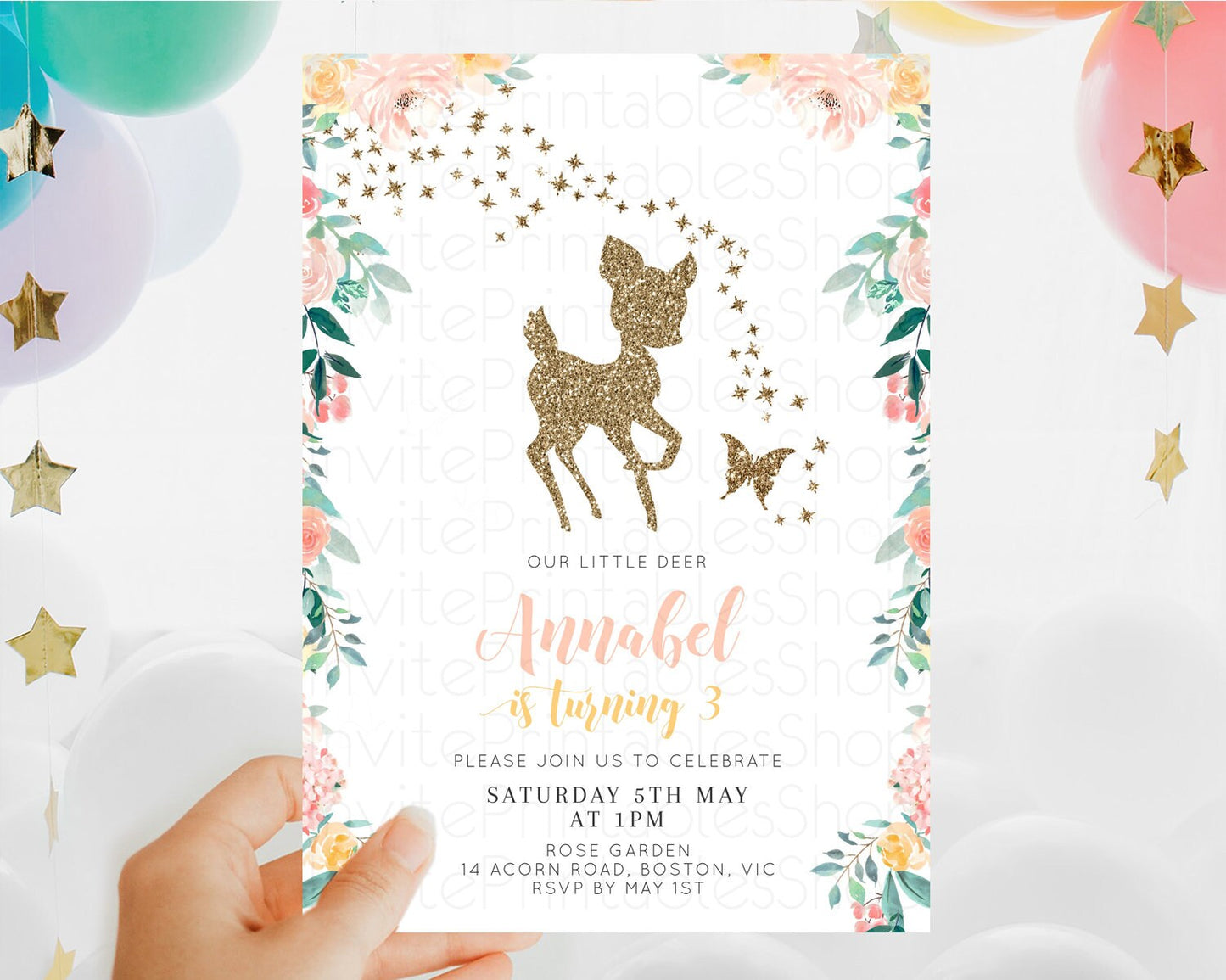 Fawn Birthday Invitation Deer Birthday Invitation Enchanted Forest Party Butterfly Pastel Flowers Whimsical 2nd 1st First Birthday D10874