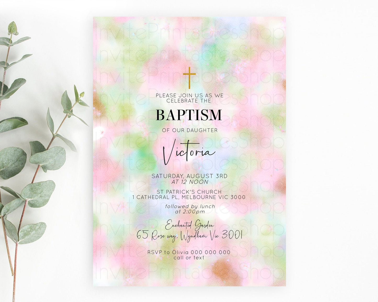 Pastel Baptism Invitation Pastel Colors Watercolor Baptism 1st Birthday Party Gold Ombre Pastel Rainbow Christening Holy Communion D10698