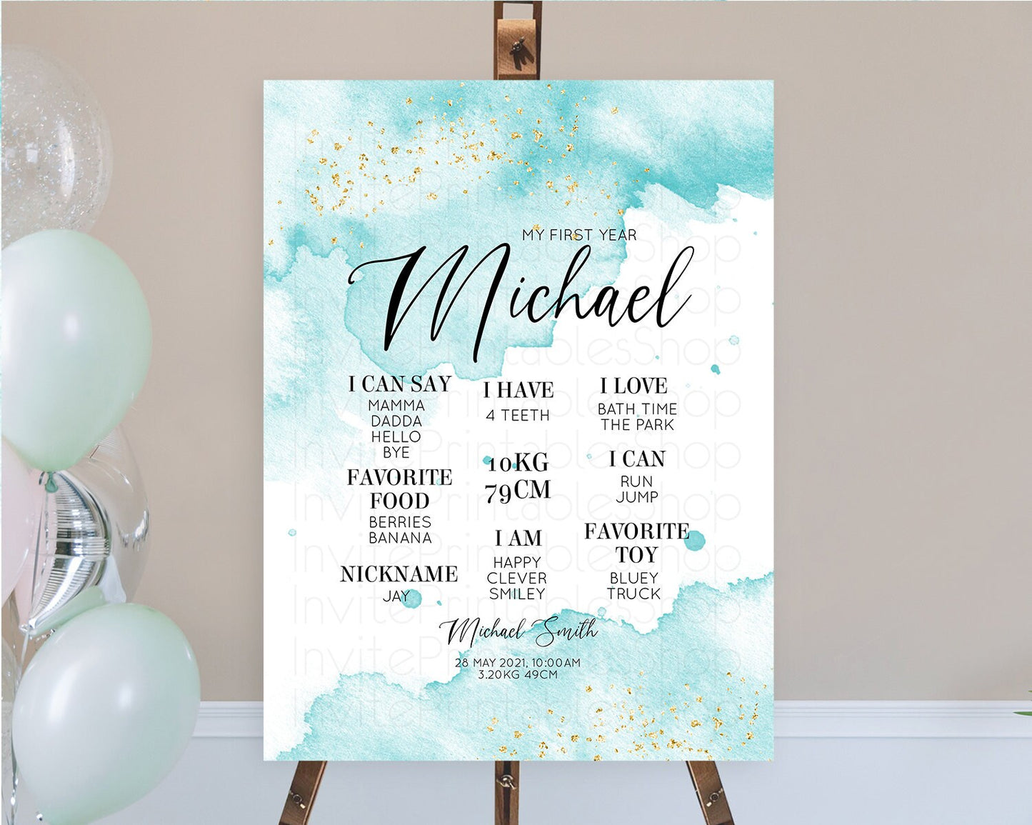 Blue First Birthday Milestone Poster Blue Watercolor Milestone Board Pastel Blue Watercolor Splash Milestone Board 1st Birthday Sign D10329