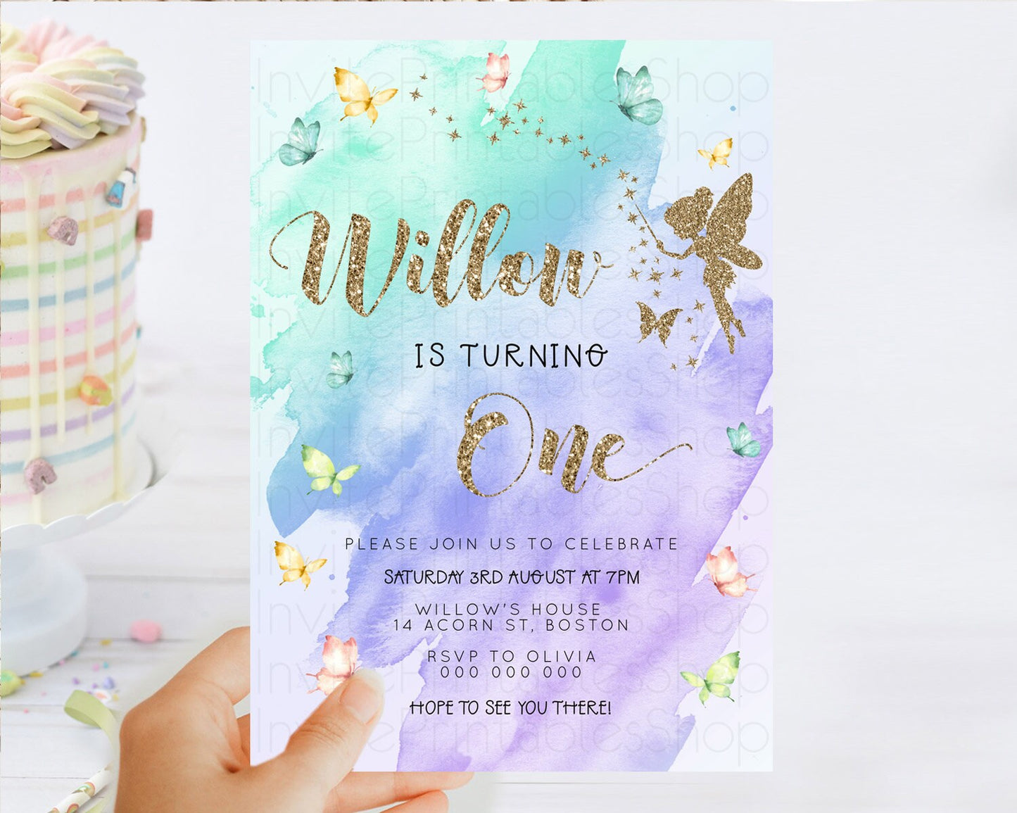 Pastel Fairy Birthday Invitation Pastel Butterflies Fairy Birthday Invitation Rainbow Ombre Watercolor 1st 2nd Birthday Invitation D23335