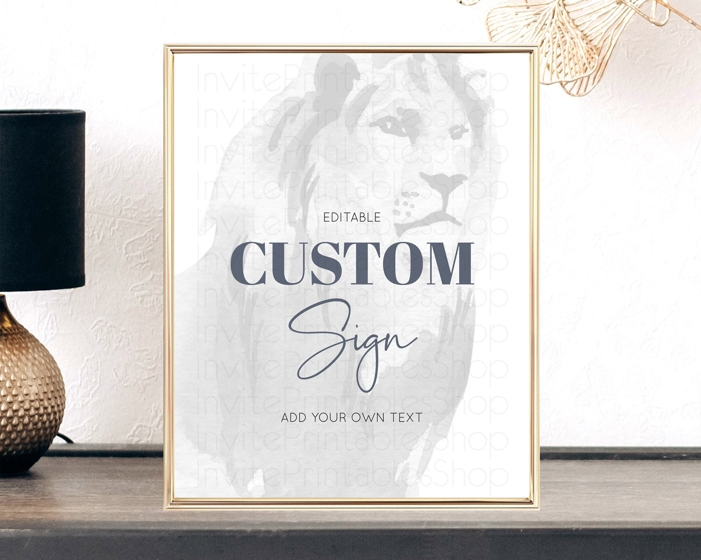 Lion Table Sign Decor Lion Safari Adventure Party Dried Palm Ferns Zoo 1st Birthday Baptism Baby Shower Bridal Shower Wedding D10299