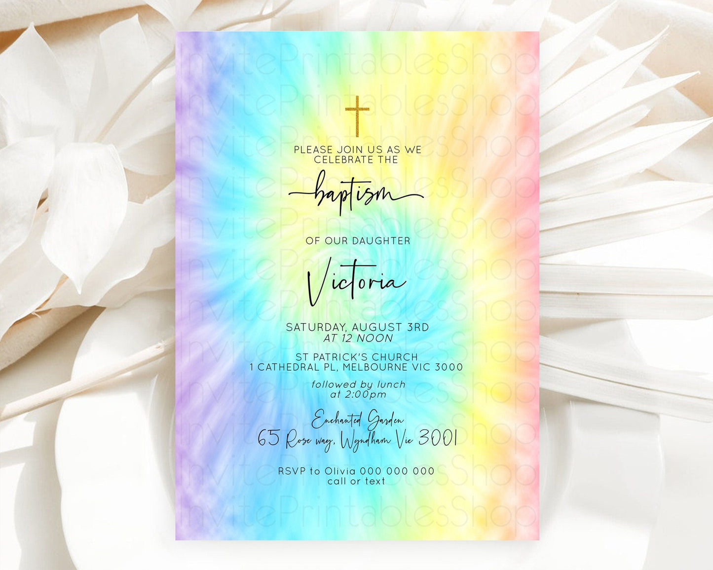 Tie Dye Baptism Invitation Rainbow Baptism 1st Birthday Invitation Pastel Ombre Colorful Christening Invitation Holy Communion D10578