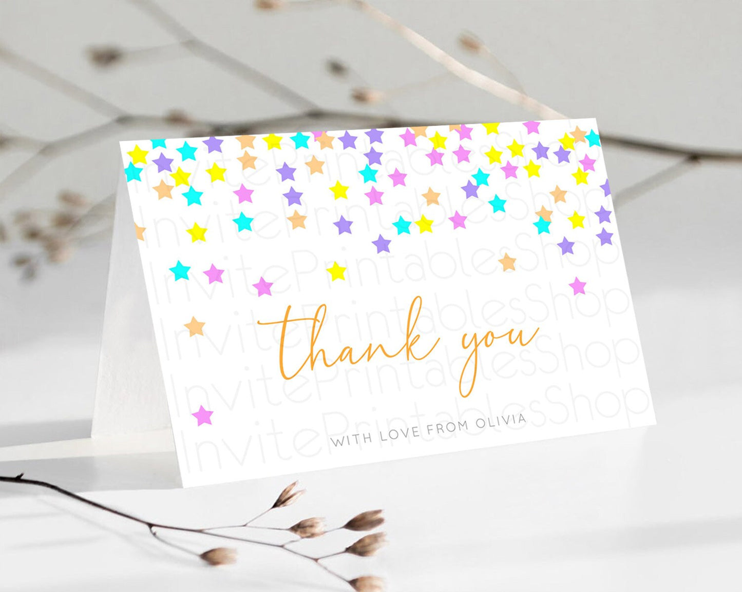 Star Thank You Card Pastel Stars Thank You Shooting Star Rainbow Colorful Confetti Twinkle Little Star Birthday Teacher Thank You D10397