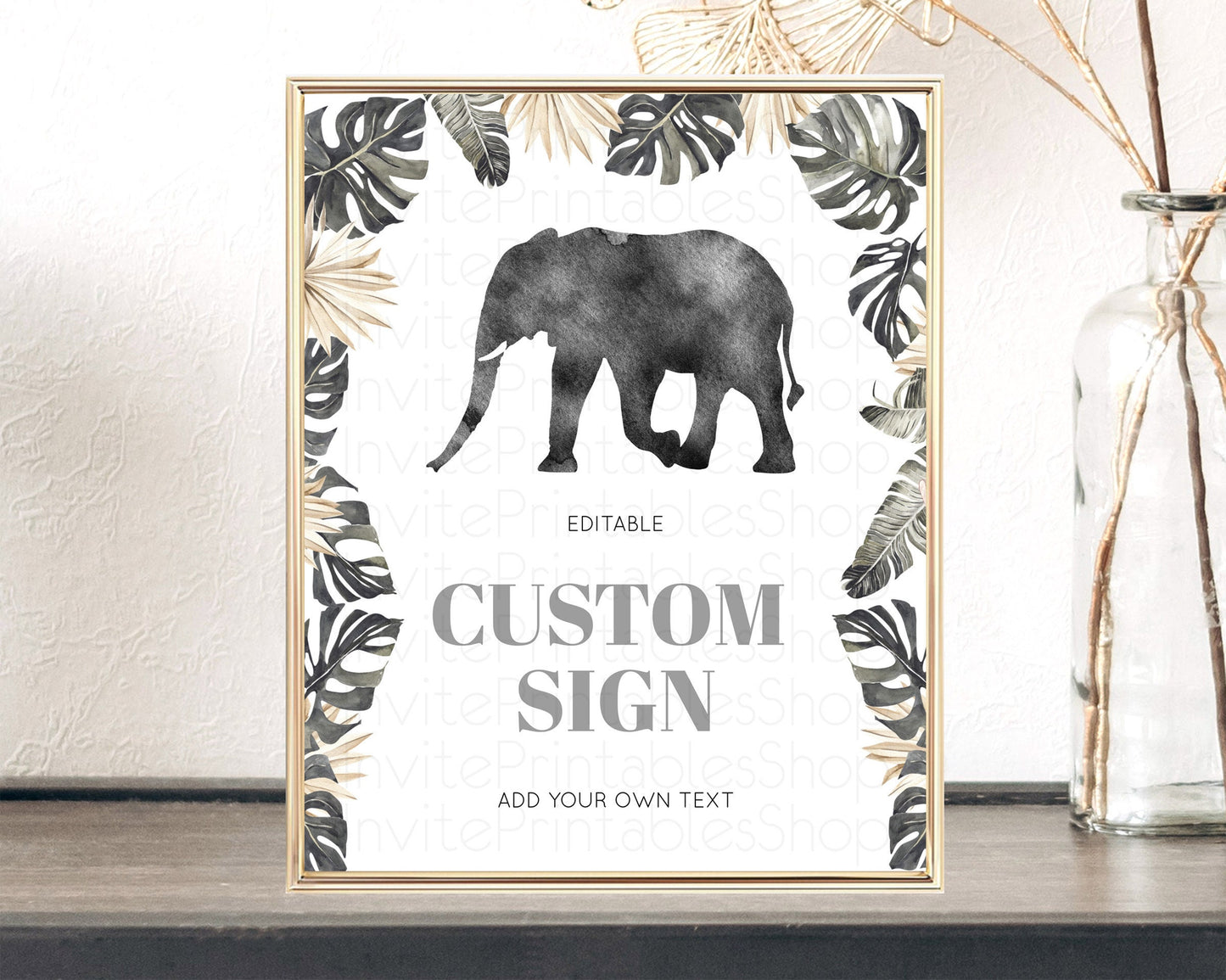 Elephant Sign Elephant Safari Adventure Party Table Sign Decor Dried Palm Fern Zoo 1st Birthday Baptism Baby Shower Bridal Shower D10803