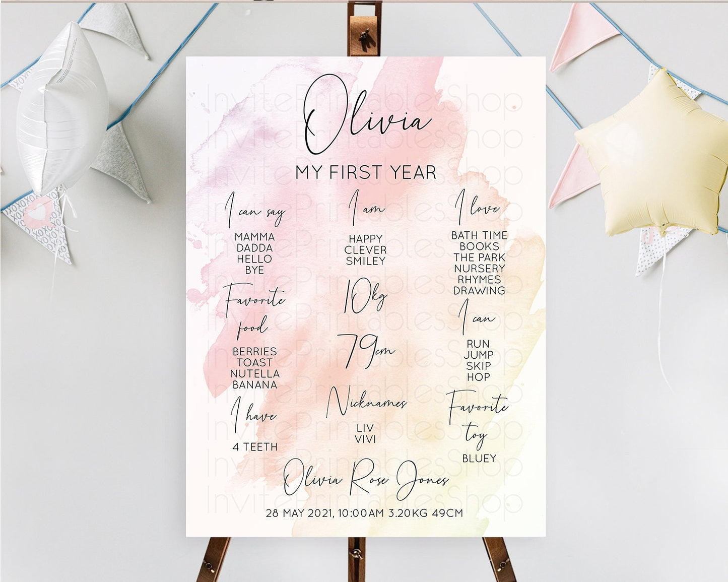 Pink First Birthday Milestone Poster Pink Watercolor Milestone Board Pastel Pink Watercolor Splash Milestone Board 1st Birthday D10164