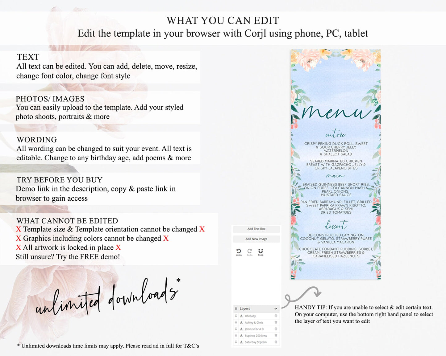 Secret Garden Menu Wildflower Menu Template Pastel Flower Garden Table Decor Boho Floral Dinner Dessert Floral Party Food Menu D10337