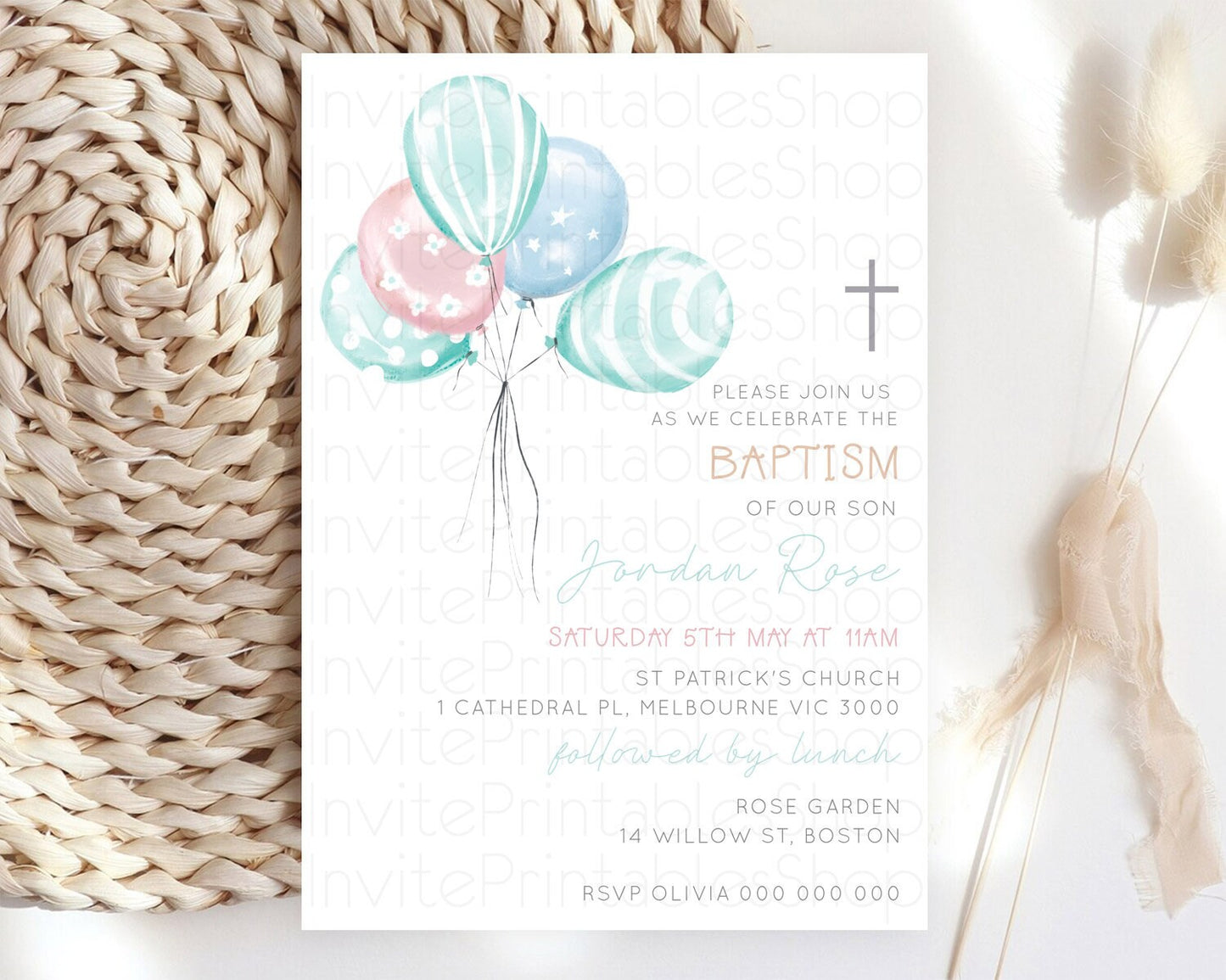 Balloon Baptism Invitation Pastel Baptism 1st Birthday Invitation Pastel Balloon Christening Invite Colorful Rainbow Balloon Invites D22997