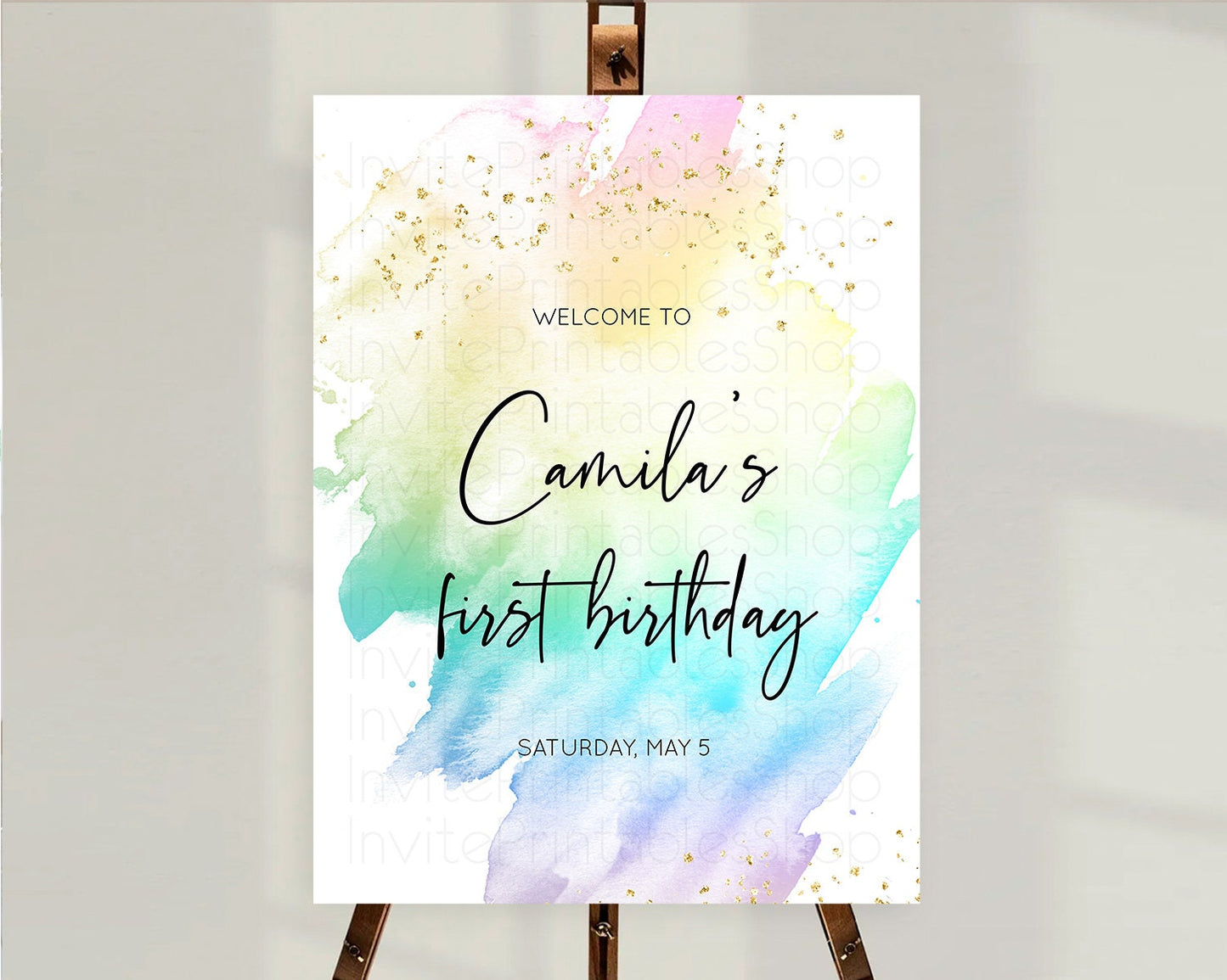 Pastel Welcome Sign Pastel Rainbow Welcome Sign Colorful Rainbow Confetti Watercolor Glitter Pastel First Birthday Welcome Sign D10256