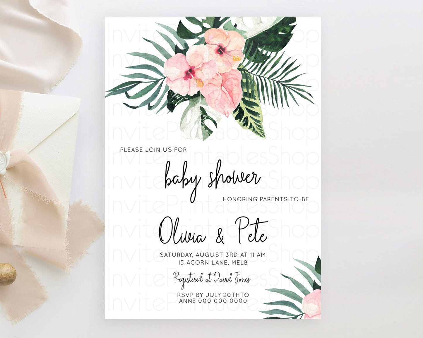Tropical baby Shower Invitation Tropical Floral Baby Shower Invitation Palm Leaf Fern Invitation Frangipani White Orchid Invitation D11017