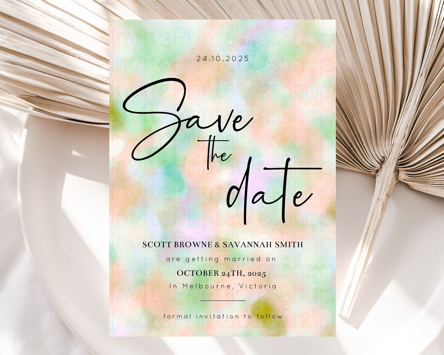 Pastel Save The Date Template Pastel Ombre Rainbow Watercolor Colorful Party For Birthday Baptism Baby Shower Wedding Bridal Shower D10693