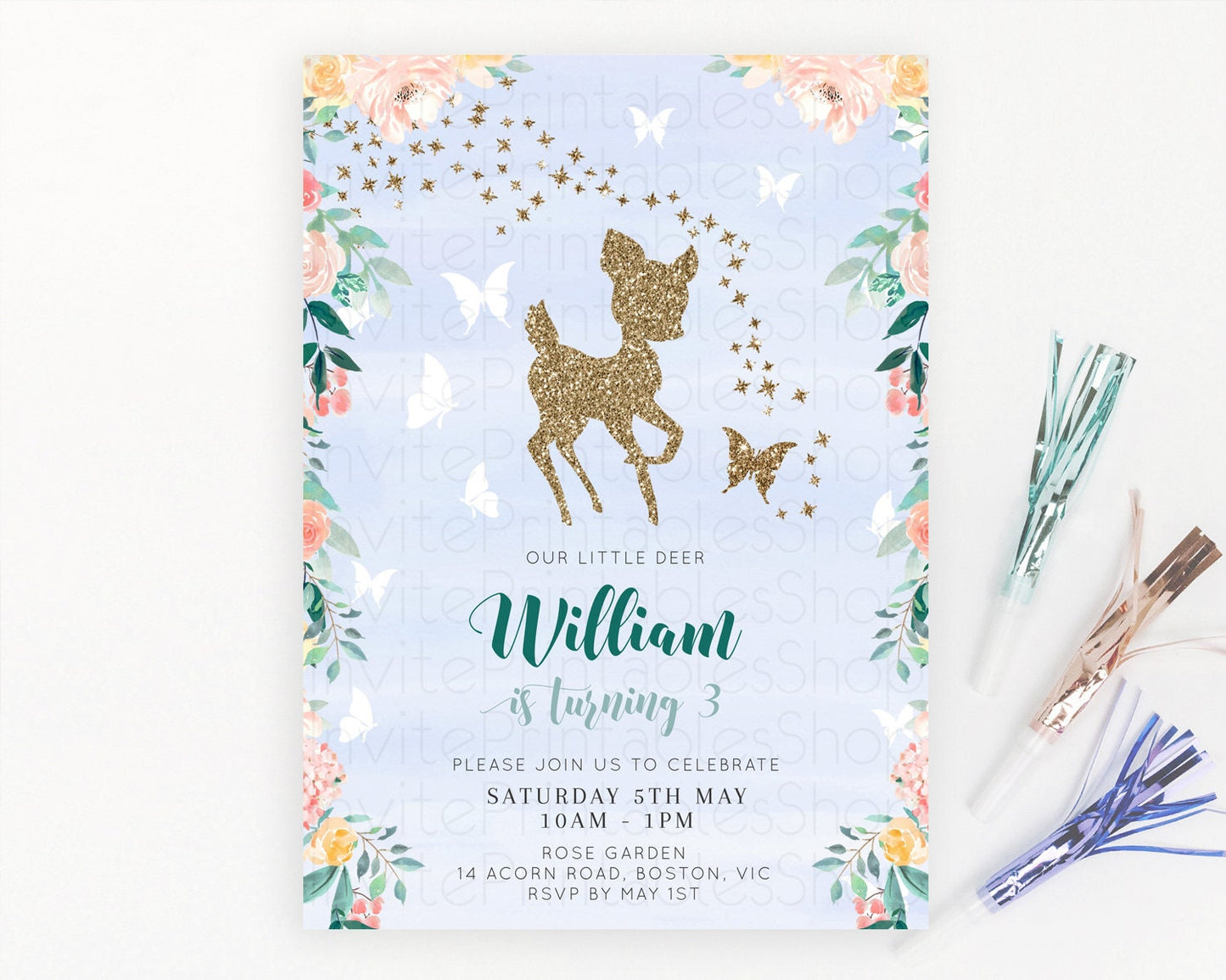 Fawn Birthday Invitation Deer Birthday Invitation Enchanted Forest Party Butterfly Pastel Flowers Whimsical 2nd 1st First Birthday D10875