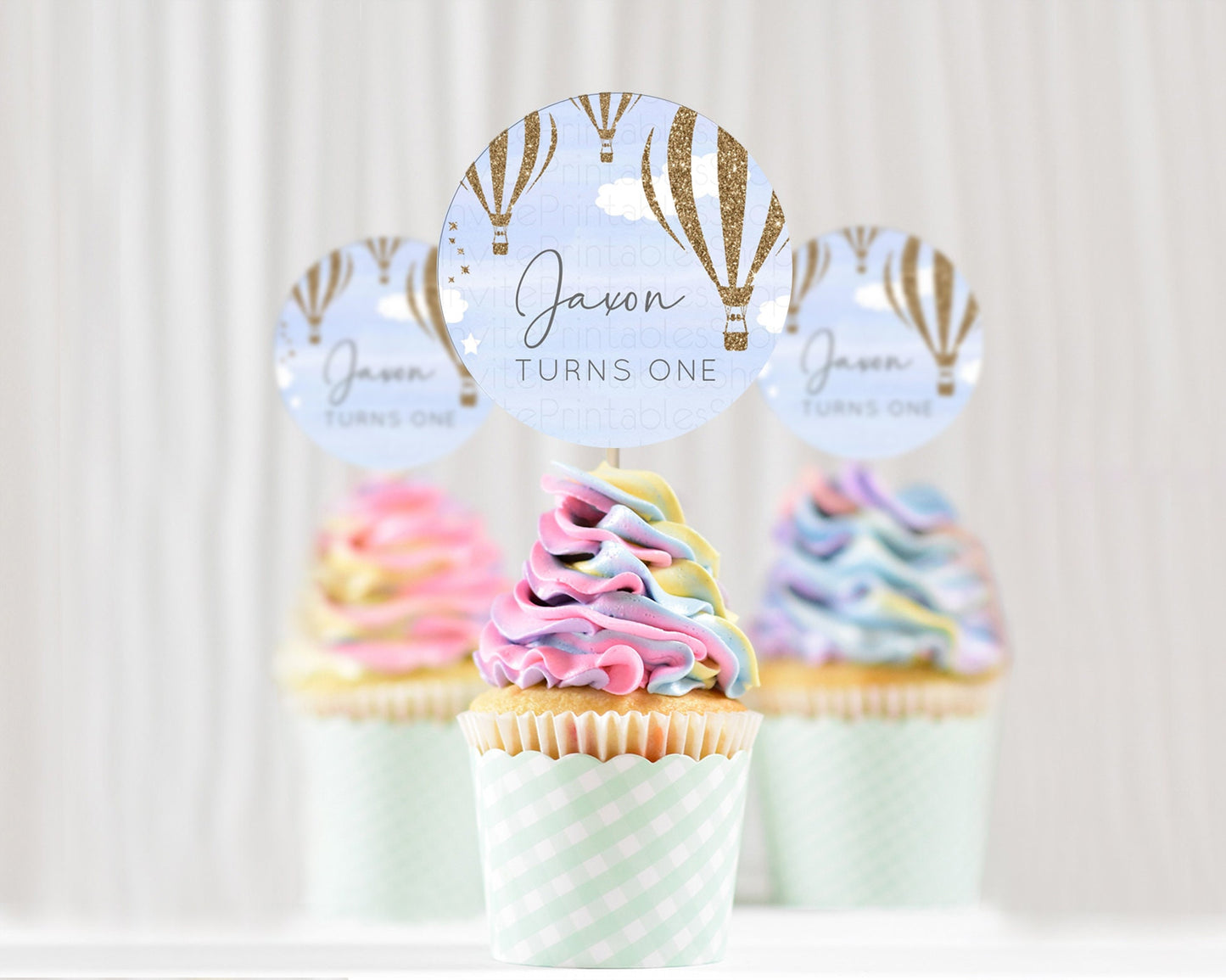 Hot Air Balloon Cupcake Toppers Adventure Awaits Up & Away Glitter Blue Watercolor Cupcake Topper Hot Air Balloon Party Décor D10333