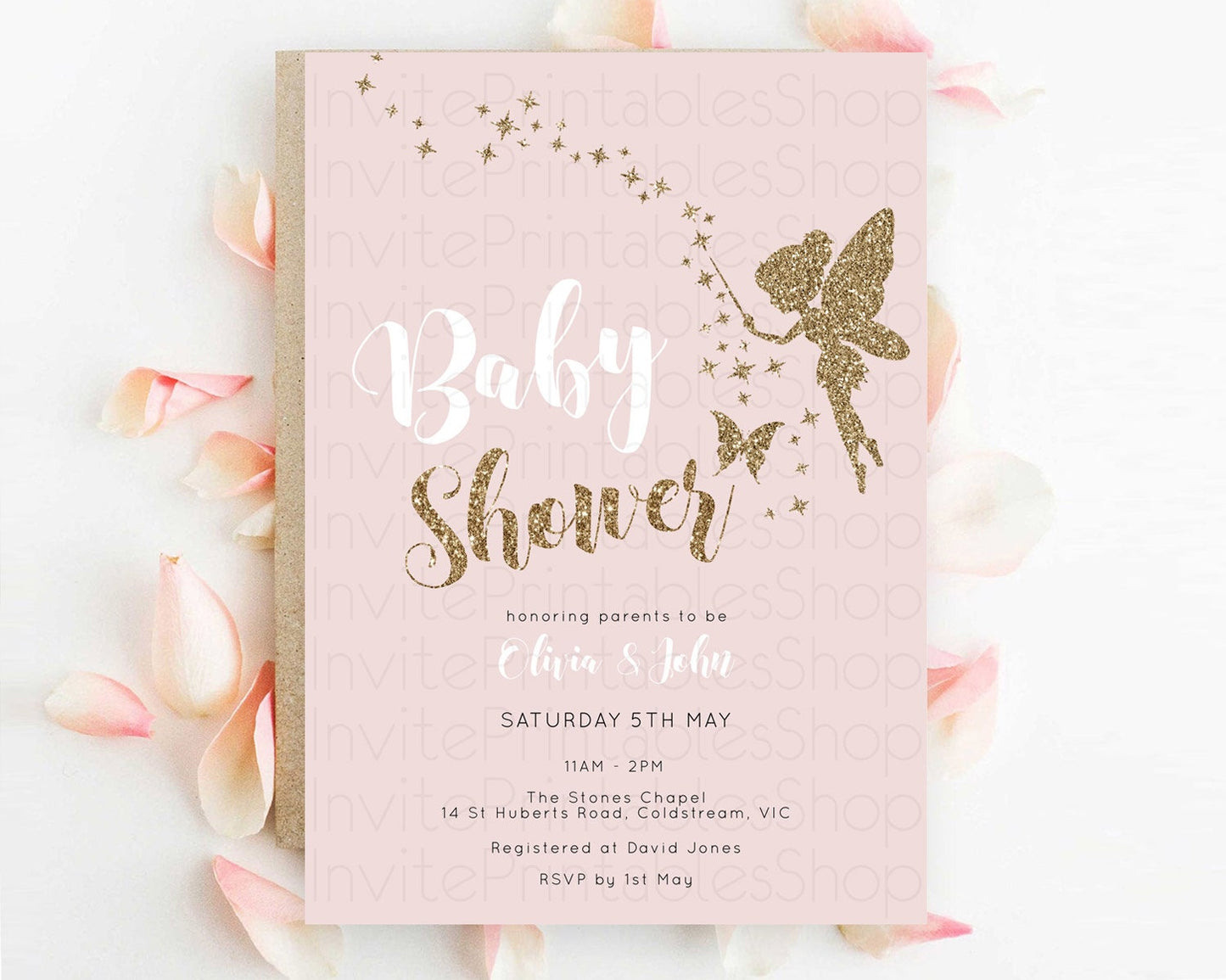 Fairy Baby Shower Invitation: Pastel Pink Tea Party, Secret Garden with Butterflies, Pixie - Enchanted Pink and Gold Glitter D10899