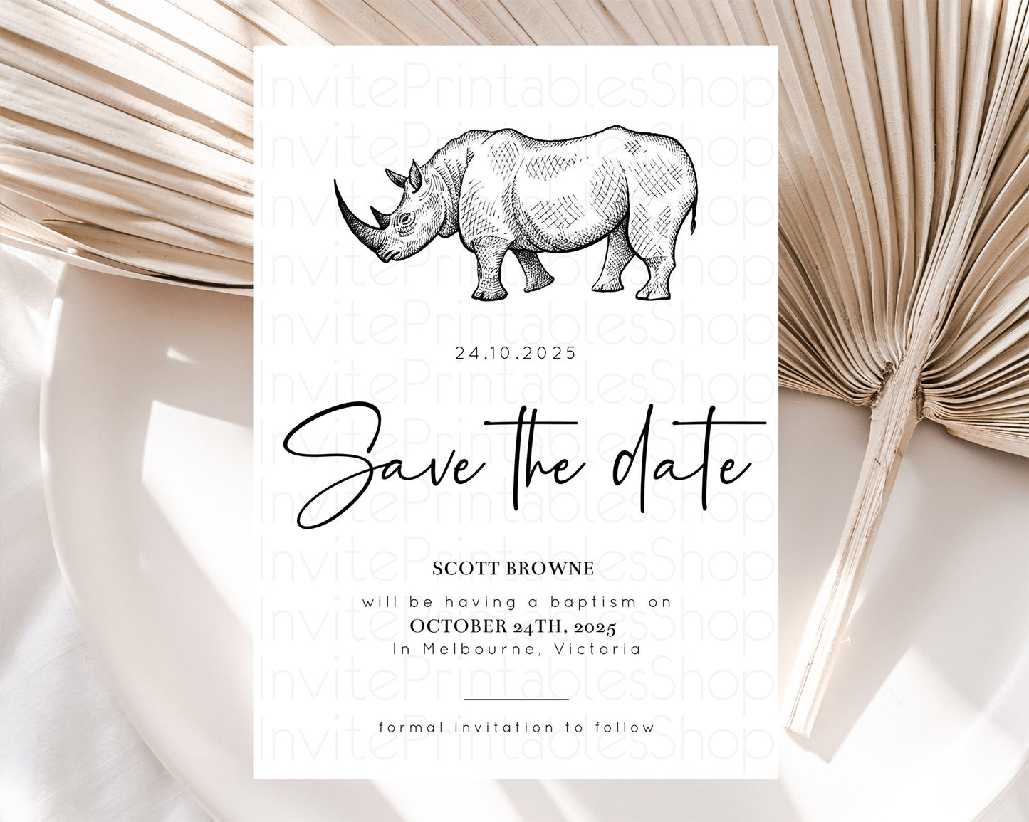 Rhino Save The Date Template Rhino Party Save The Date Safari Adventure Rhino Minimal Theme For 1st Birthday Baptism Baby Shower D10253