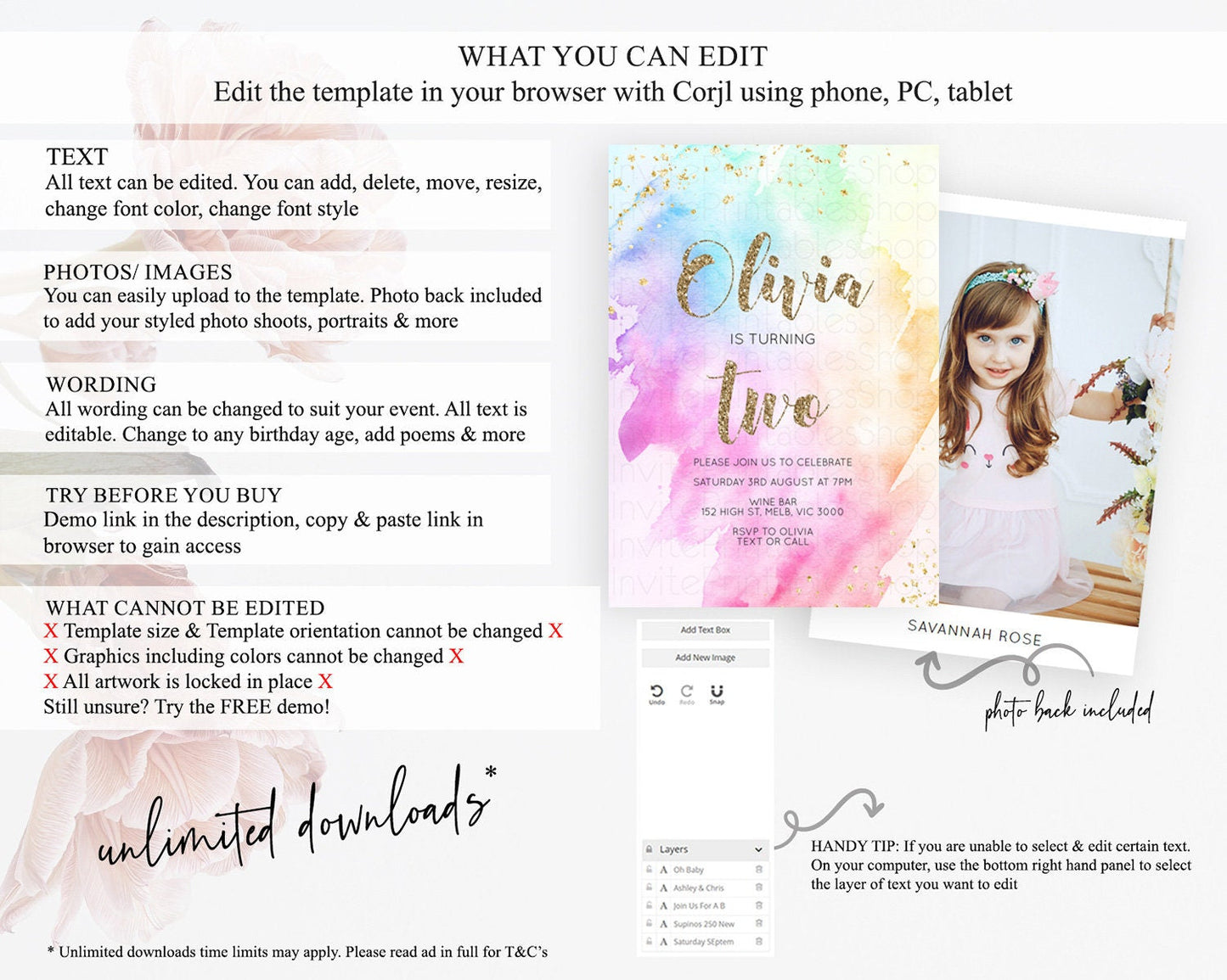 Rainbow Birthday Invitation Colorful Pastel Watercolor Invitation Gold Glitter Sprinkles Ombre Pastel 1st 2nd 3rd Birthday D10450
