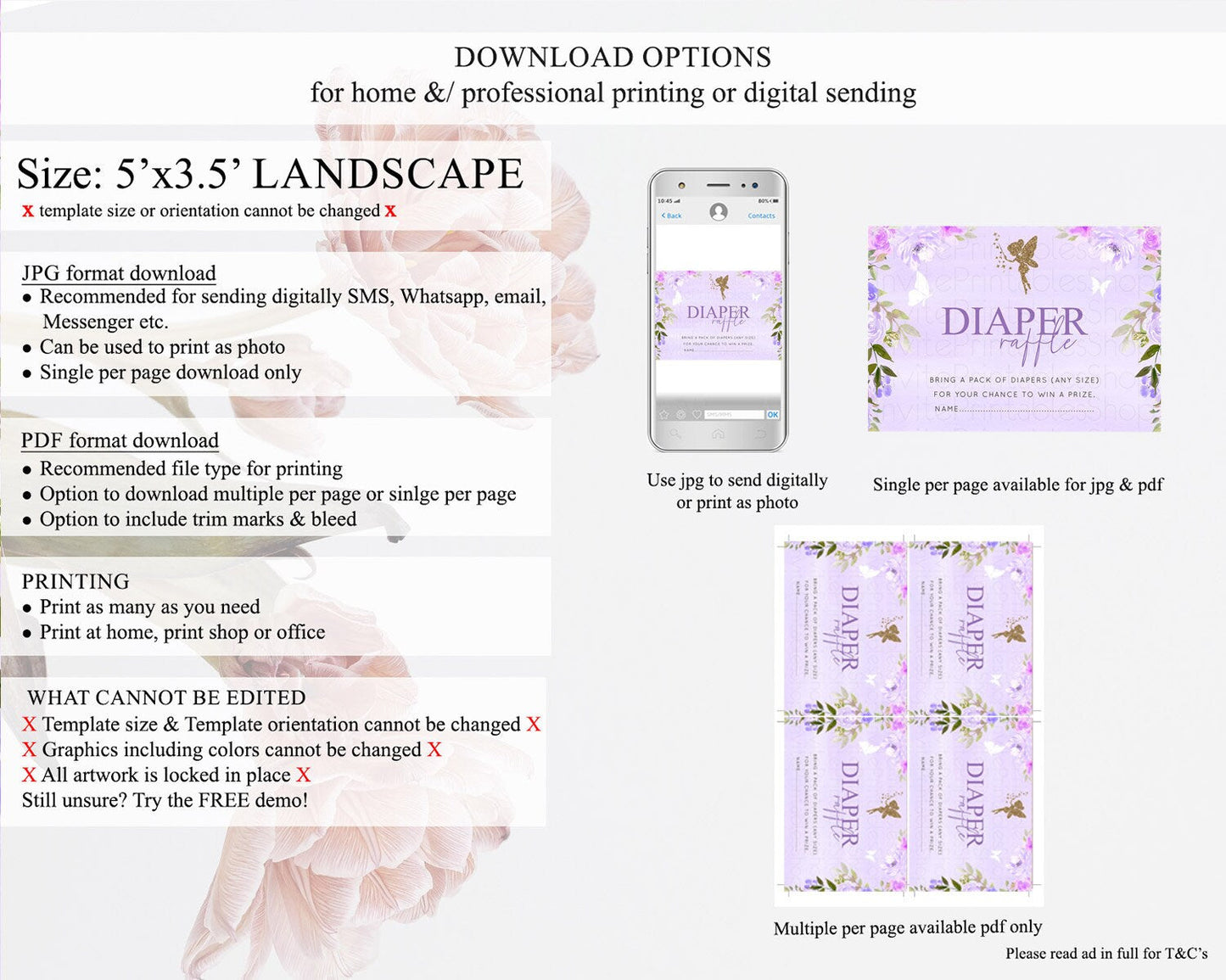Fairy Diaper Raffle Card Fairy Diaper Insert Enchanted Garden Fairy Diaper Ticket Pastel Floral Butterfly Secret Garden Raffle Game D10910