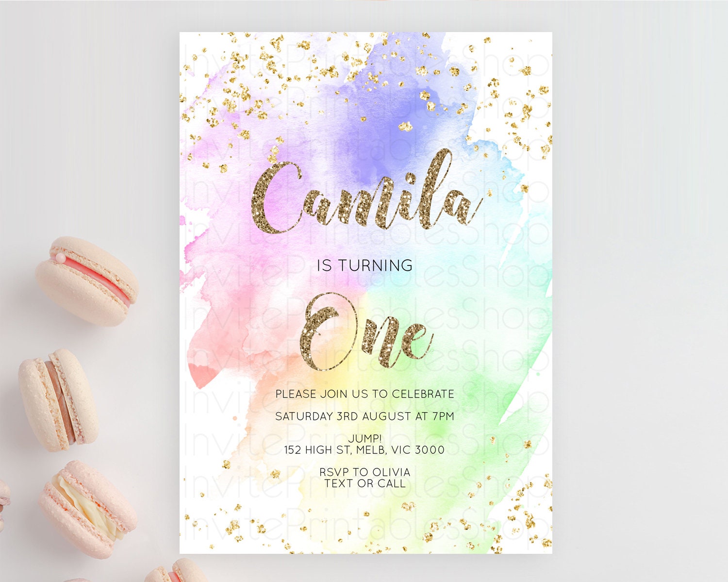 Editable Rainbow Birthday Invitation Colorful Pastel Watercolor Invitation G
