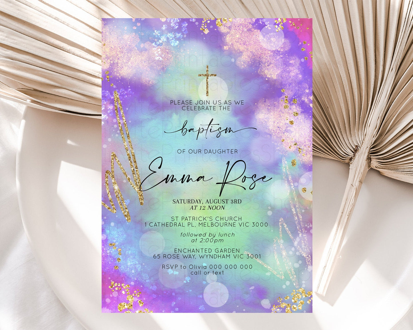 Pastel Baptism Invitation Pastel Colors Watercolor Baptism 1st Birthday Party Gold Ombre Pastel Rainbow Christening Holy Communion D10680
