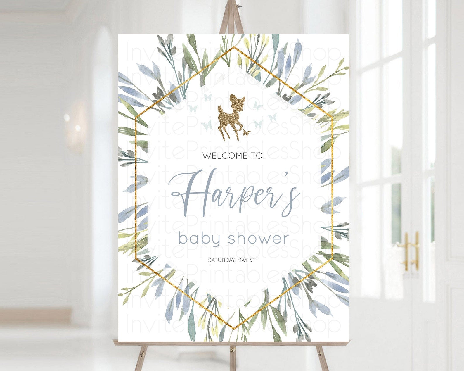 Editable Fawn Baby Shower Welcome Sign Deer Welcome Board Floral Deer Welcom