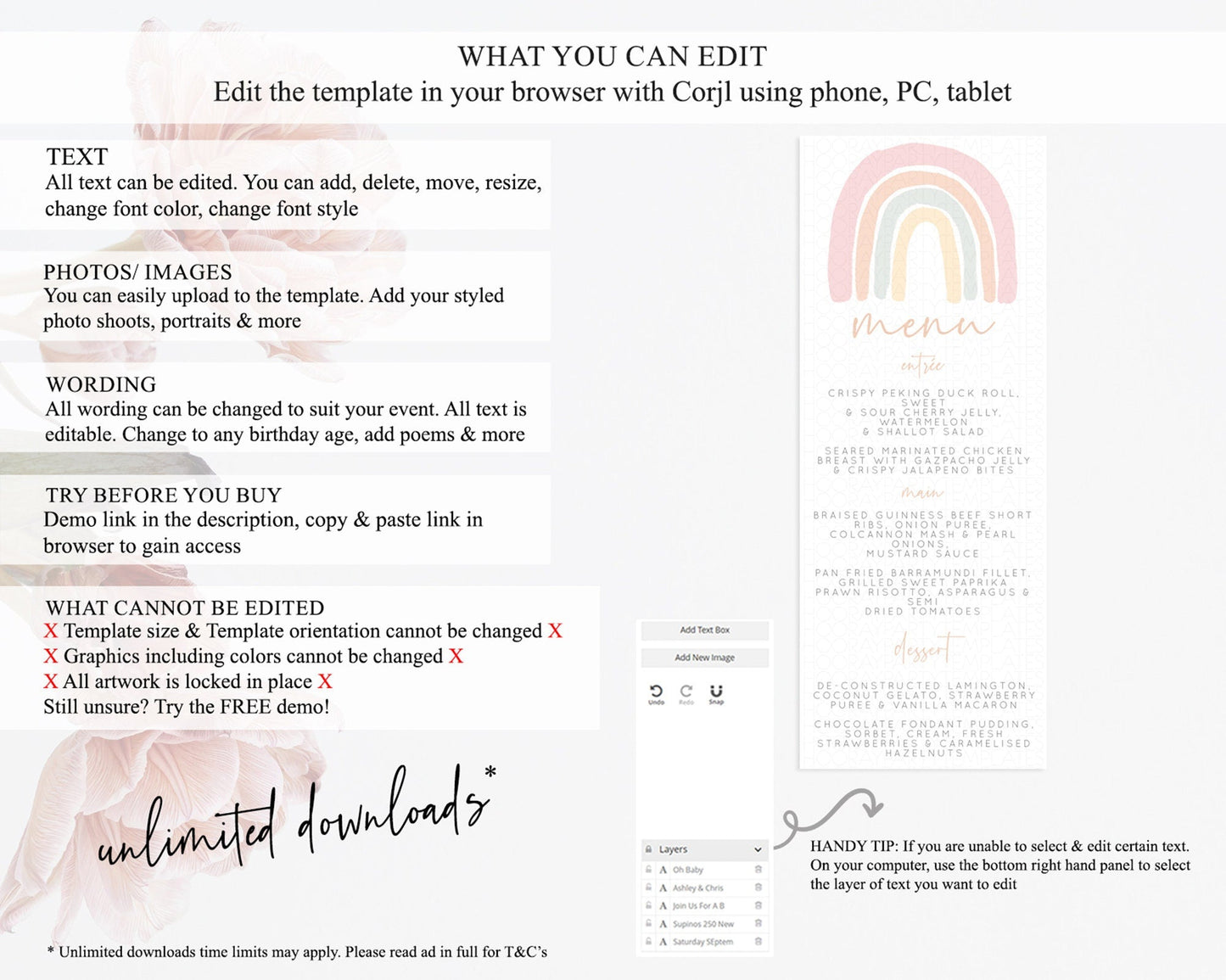 Pastel Rainbow Menu Boho Rainbow Menu Template Rainbow Boho Table Decor Pastel Rainbow Dinner Dessert Menu Rainbow Party Food Menu D10162