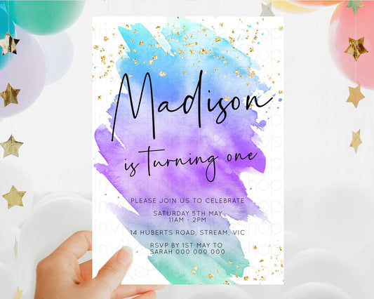 Editable Rainbow Birthday Invitation Colorful Pastel Watercolor Invitation G