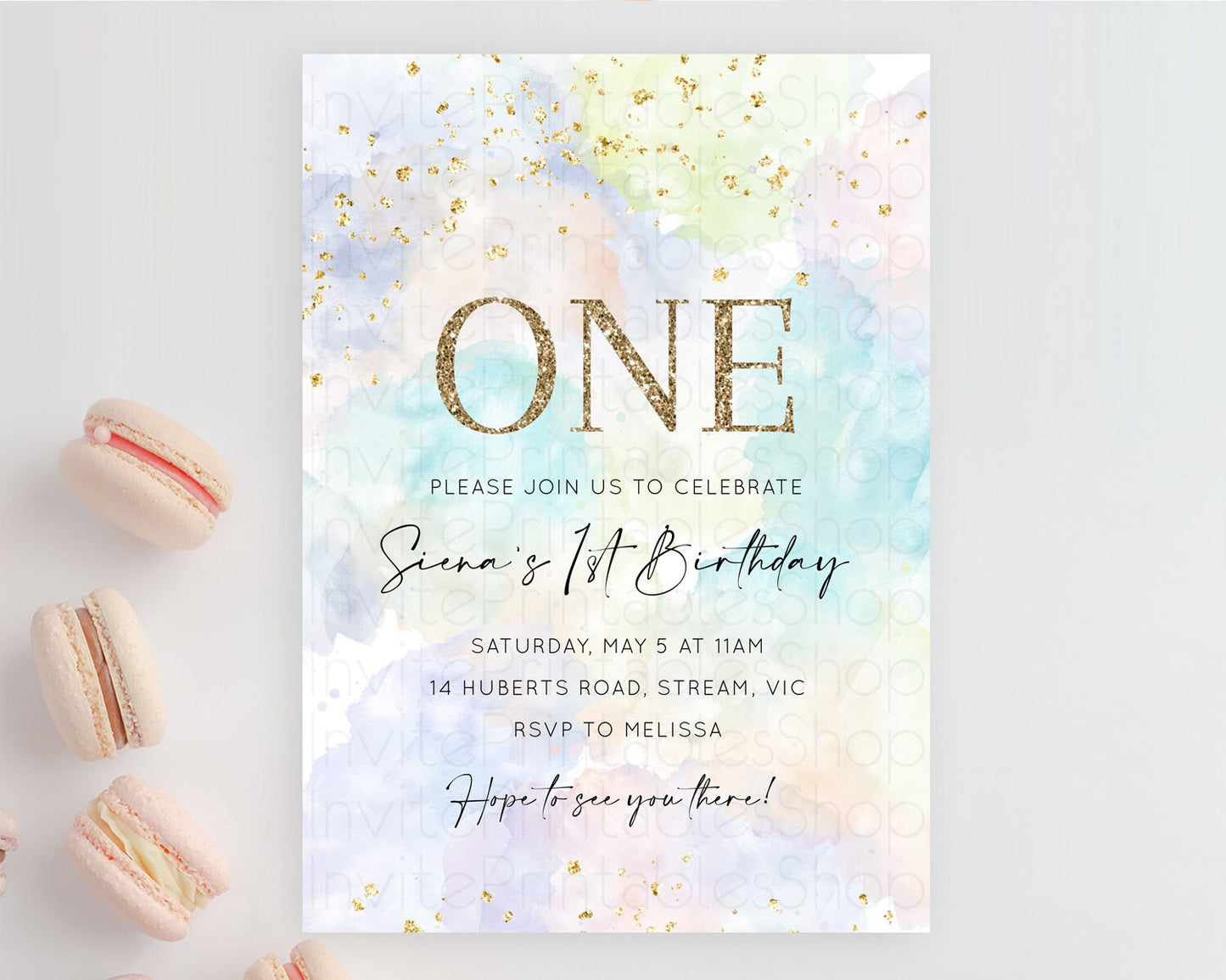 Rainbow Birthday Invitation Colorful Pastel Watercolor Invitation Gold Glitter Sprinkles Ombre Pastel 1st 2nd 3rd Birthday D10613