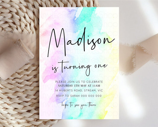 Editable Rainbow Watercolor Birthday Invitation Pastel Rainbow Birthday Invi