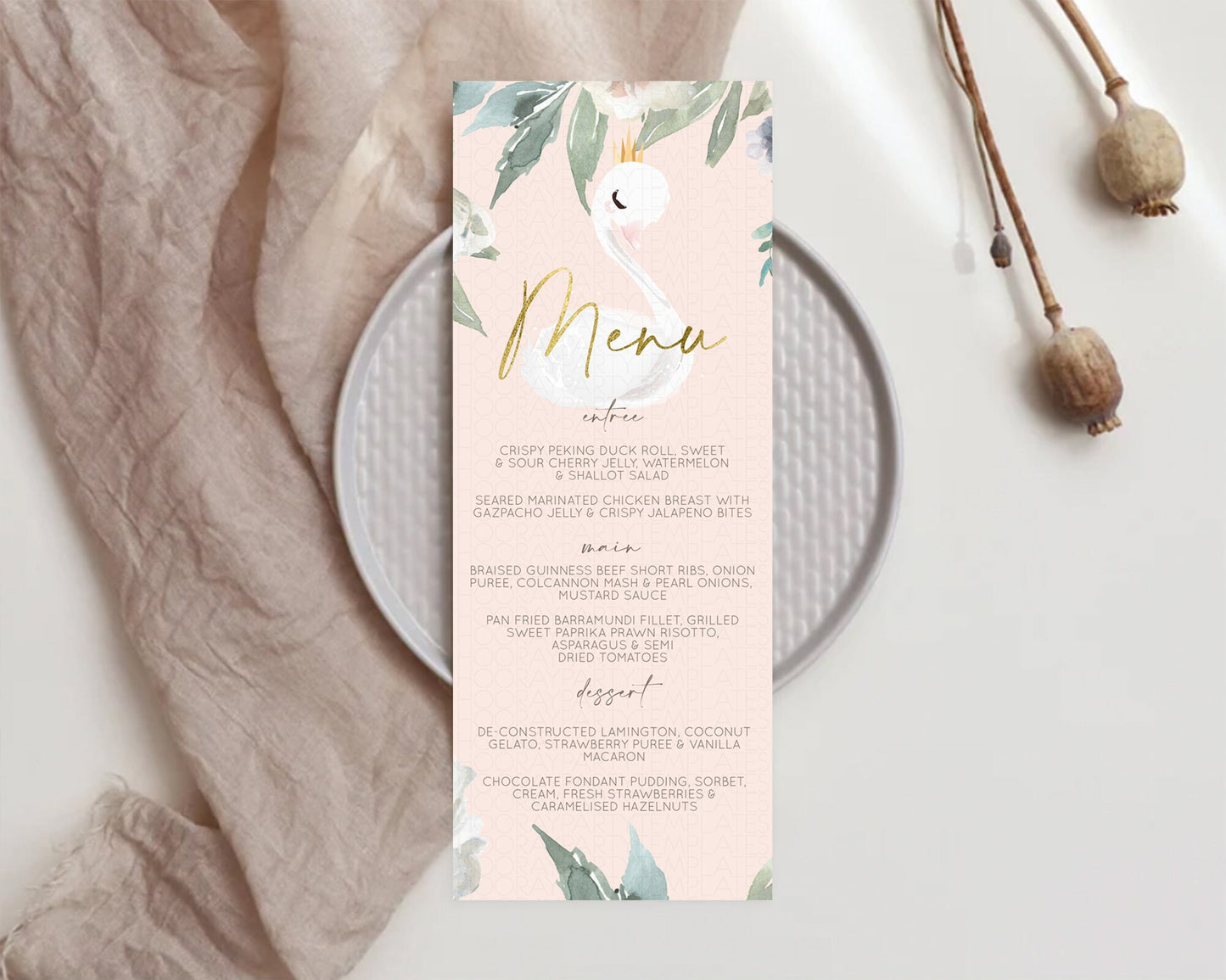 Swan Menu Swan Princess Ballet Menu Template Enchanted Swan Lake Table Decor Secret Garden Pastel Floral Dinner Dessert Food Menu  D10115