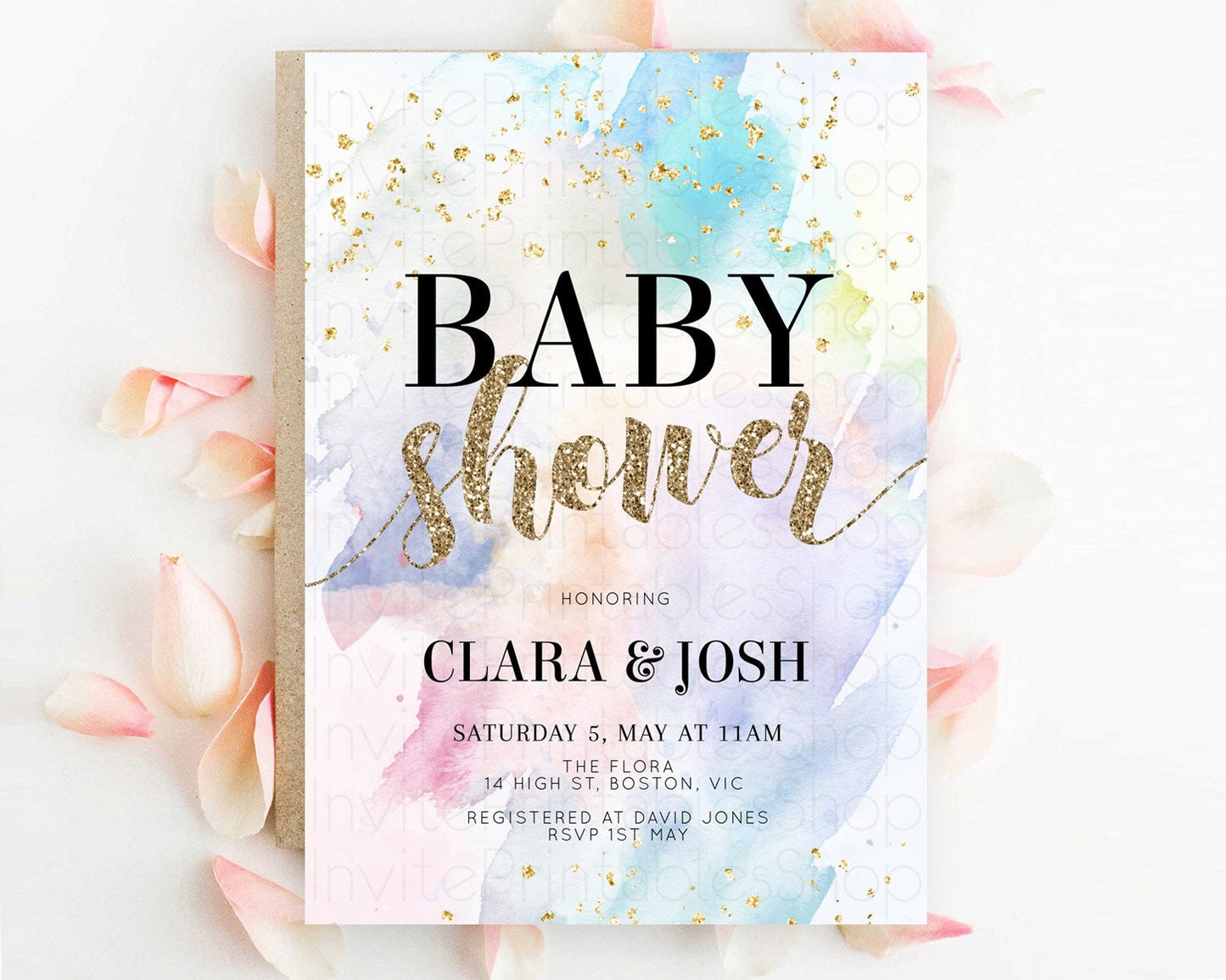 Pastel Baby Shower Invitation Rainbow Baby Shower Invitation Colorful Pastel Watercolor Invitation Gold Glitter Sprinkles Ombre D10421