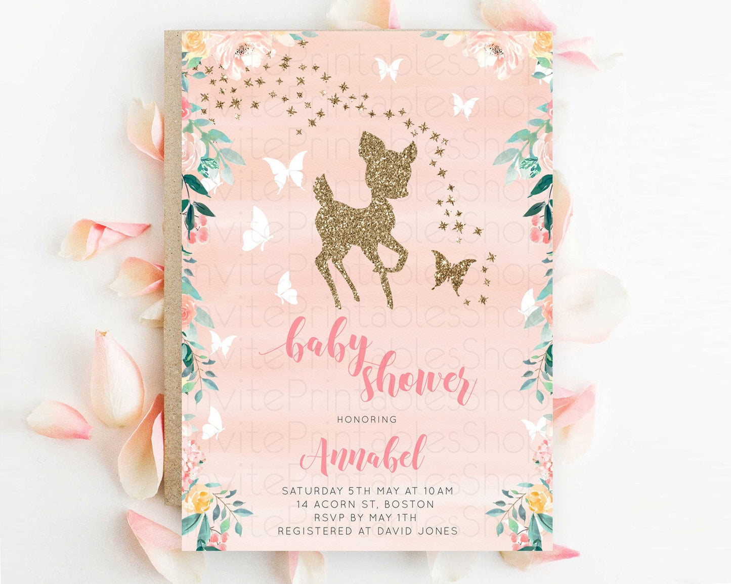 Fawn Baby Shower Invitation, Enchanted Forest, Deer, Whimsical Butterfly, Pastel Flowers, Orange Watercolor, Glitter, Magical Accents D10873