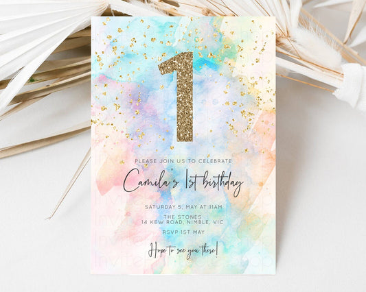 Rainbow Birthday Invitation Pastel Birthday Invite Ombre Colorful Invite Splash Watercolor Invite Glitter Sprinkle Invite 1st 2nd 3rd 276v3