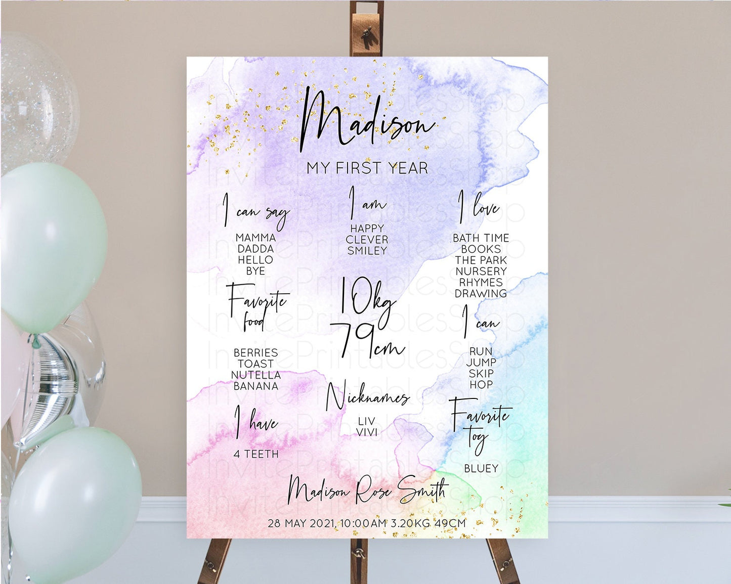 Pastel First Birthday Milestone Board Pastel Rainbow Milestone Poster Colorful Confetti Watercolor Glitter 1st Birthday Welcome Sign D10215
