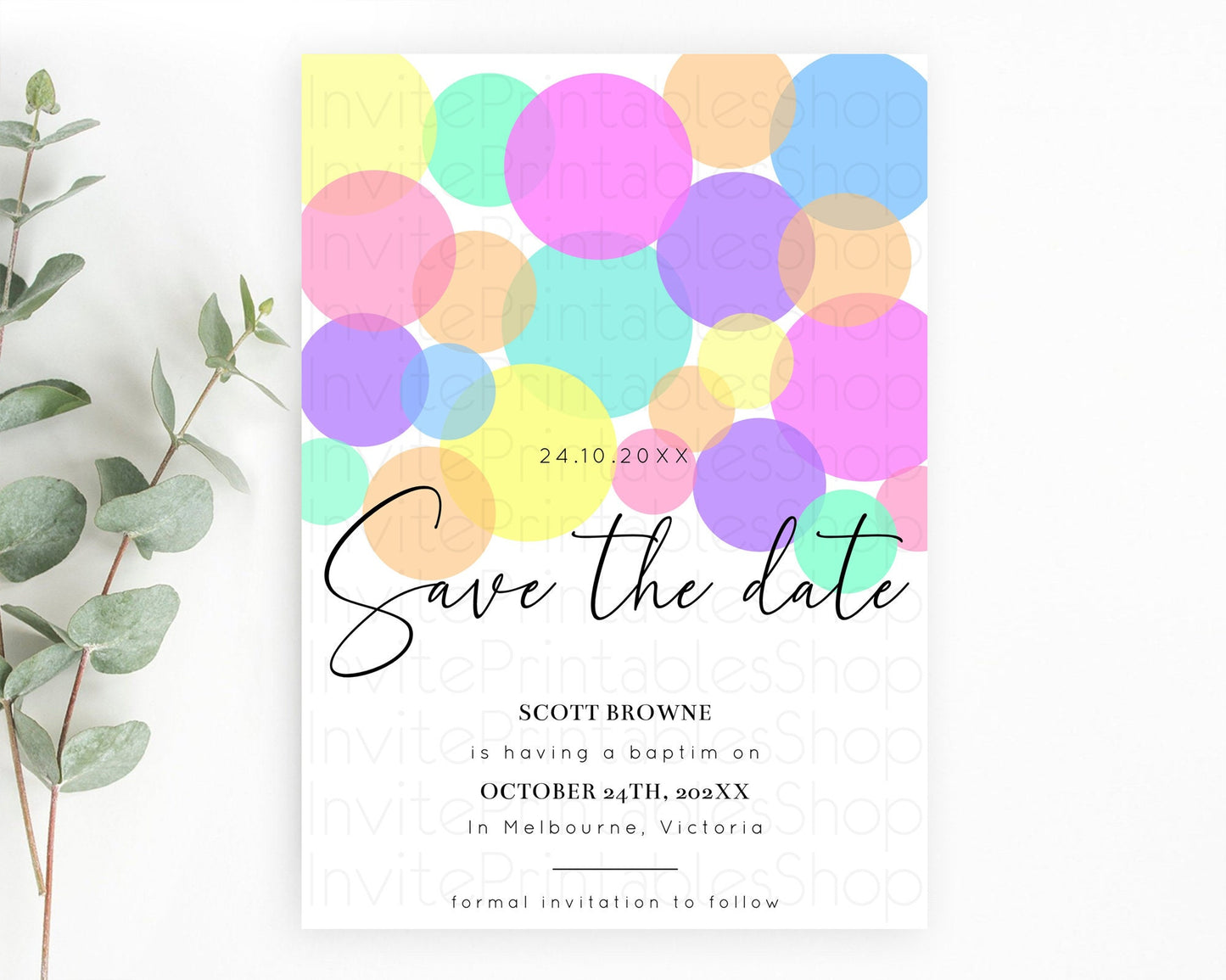 Pastel Confetti Save The Date Template Rainbow Colorful Sprinkles Party For 1st Birthday Baptism Baby Shower Wedding Bridal Shower D10888