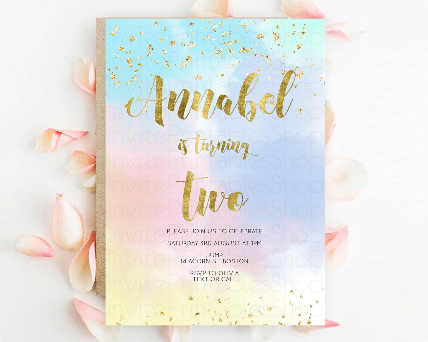 Rainbow Birthday Invitation Colorful Pastel Watercolor Invitation Gold Glitter Sprinkles Ombre Pastel 1st 2nd 3rd Birthday D10892