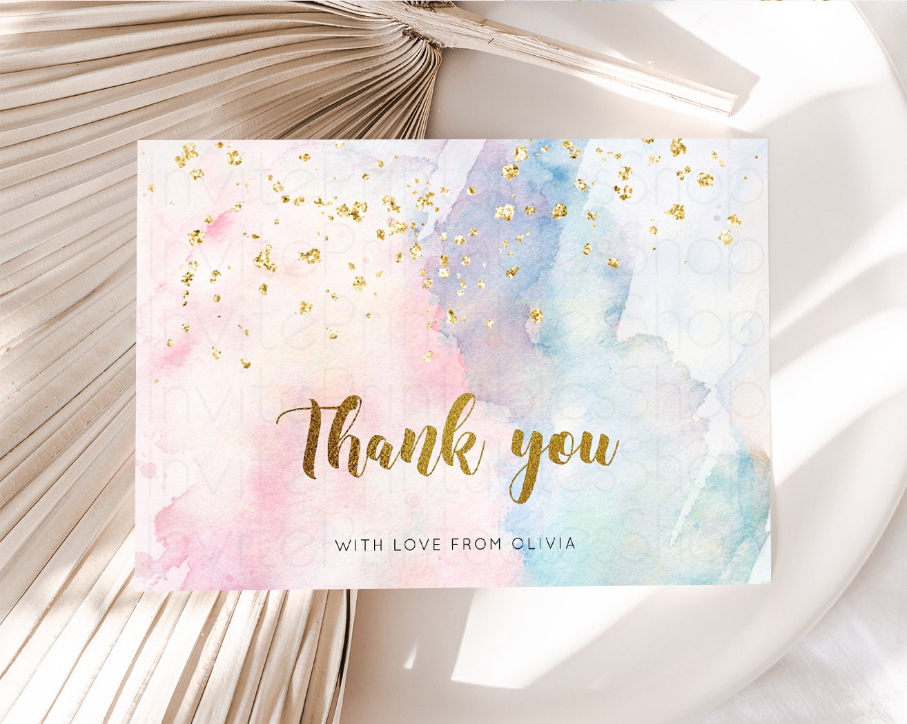 Pastel Rainbow Thank you Colorful Watercolor Gift Cards Splash Gold Glitter Card Birthday Engaged Baby Shower Wedding Folded/ Postcard 276