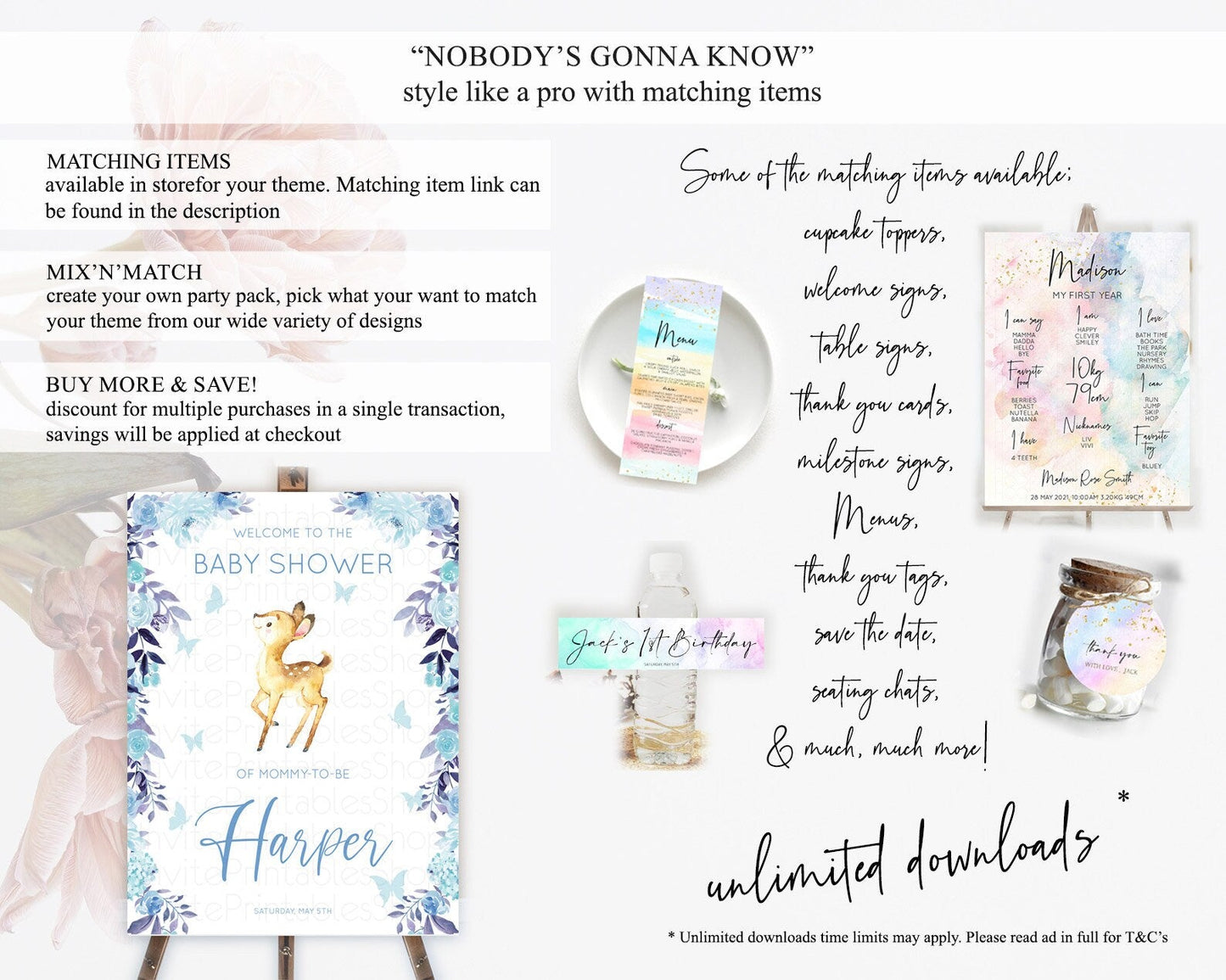 Fawn Baby Shower Welcome Sign Deer Welcome Board Floral Deer Welcome Poster Enchanted Forest Butterfly Pastel Floral Welcome Sign D10917