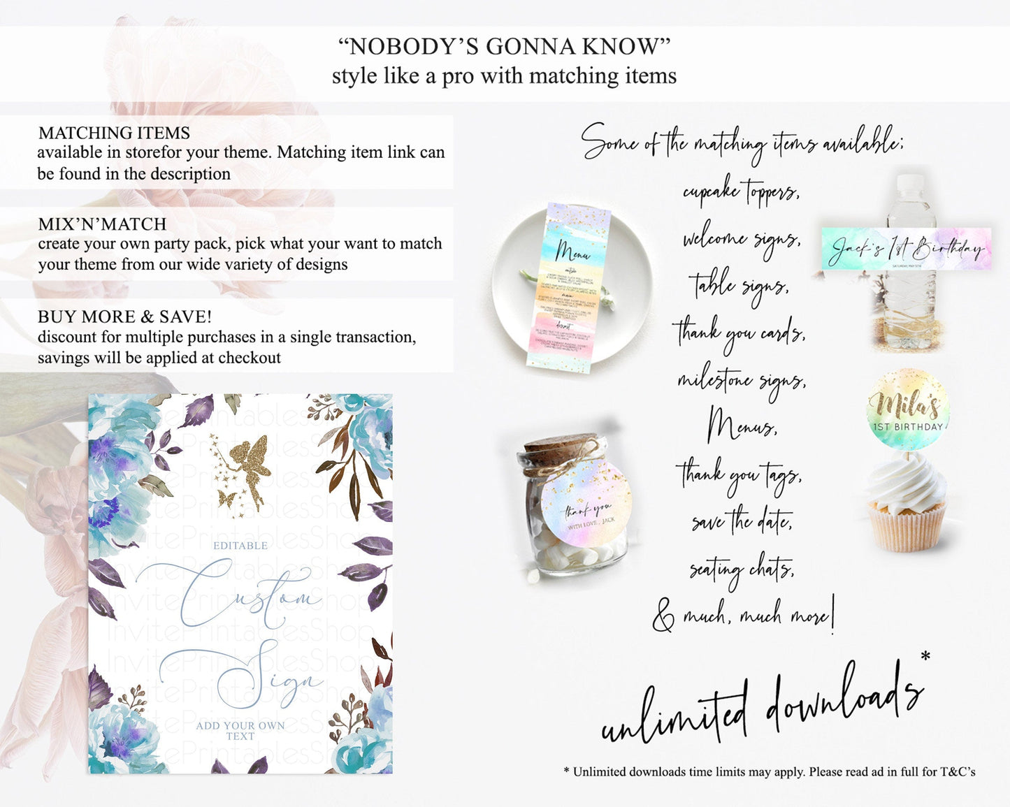 Fairy Sign Enchanted Garden Table Sign Decor Pastel Floral Butterfly Party Secret Garden Birthday Baptism Baby Shower Bridal Shower D10728