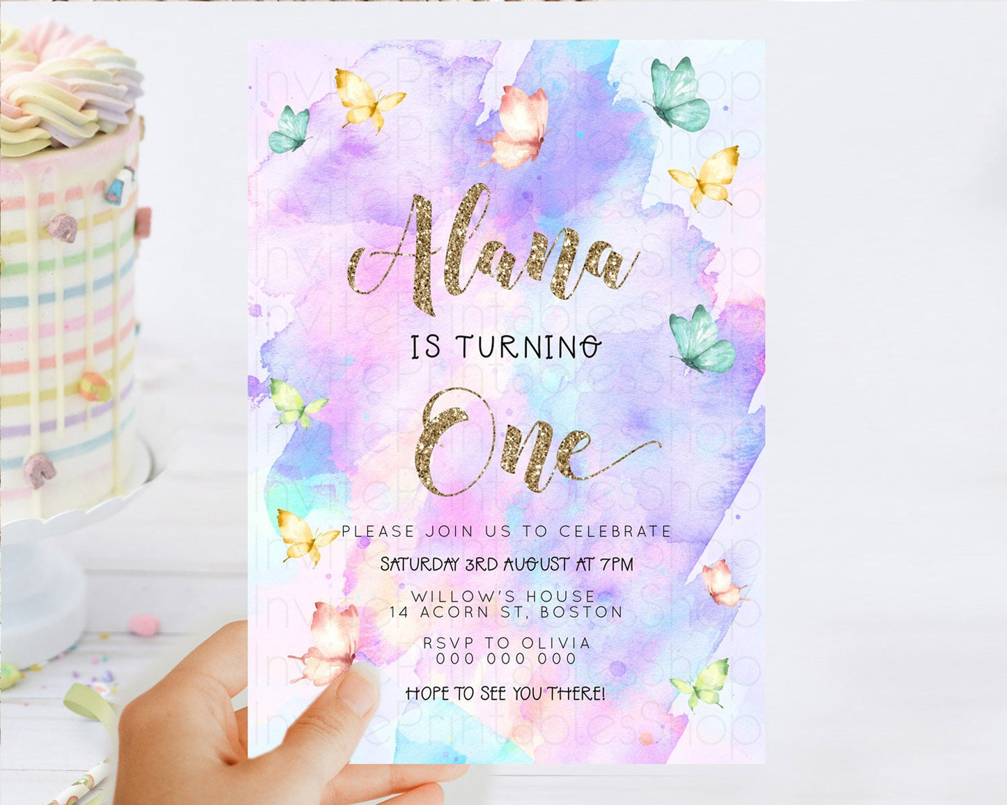 Pastel Butterfly Birthday Invitation Butterfly Birthday Invitation Colorful Splash Glitter Butterfly Garden 1st 2nd Birthday D23252