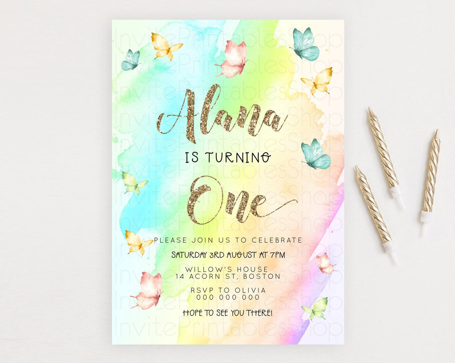 Pastel Butterfly Birthday Invitation Butterfly Birthday Invitation Colorful Splash Glitter Butterfly Garden 1st 2nd Birthday D23235