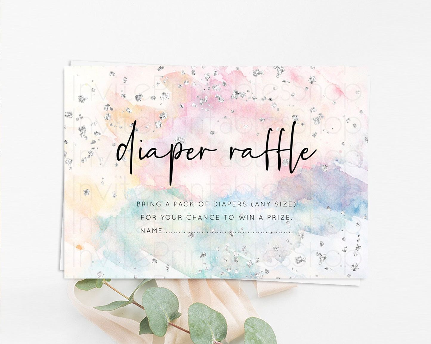 Pastel Rainbow Diaper Raffle Card Pastel Diaper Raffle Insert Pastel Colorful Diaper Ticket Confetti Watercolor Silver Raffle Game D10945