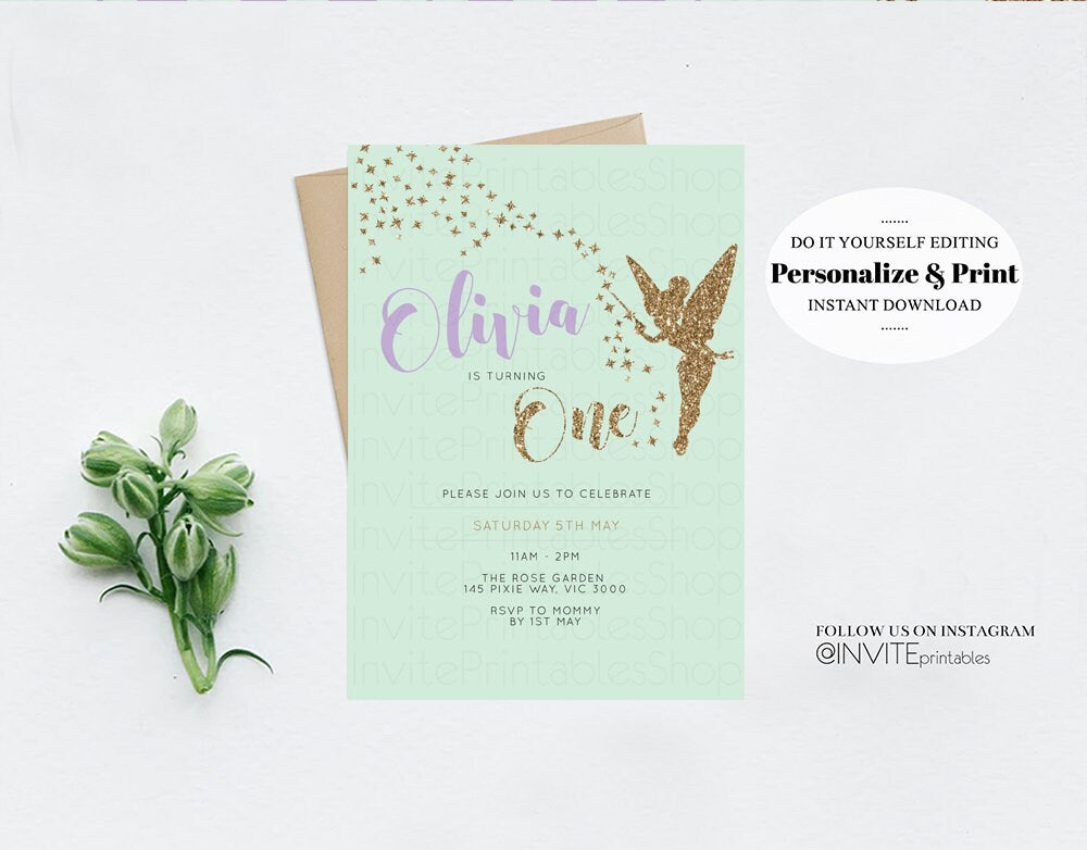 Fairy Birthday Invitation, Gold Glitter Invitation, Tinker Bell Invites, Fairy Invite, Gold Glitter, Green Purple, Fairy Tinker Bell, Pastel