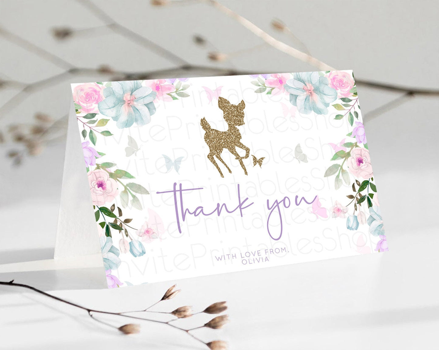 Fawn Thank You Deer Thank You Card Pastel Floral Deer Birthday Thank You Card Enchanted Forest Butterfly Deer Teacher Thank You Card D10476