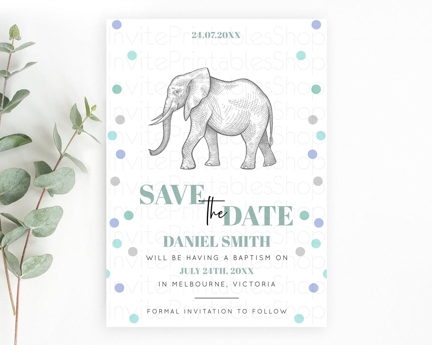 Elephant Save The Date Template Elephant Safari Adventure Party Dried Palm Fern Zoo 1st Birthday Baptism Baby Shower Bridal Shower D10859