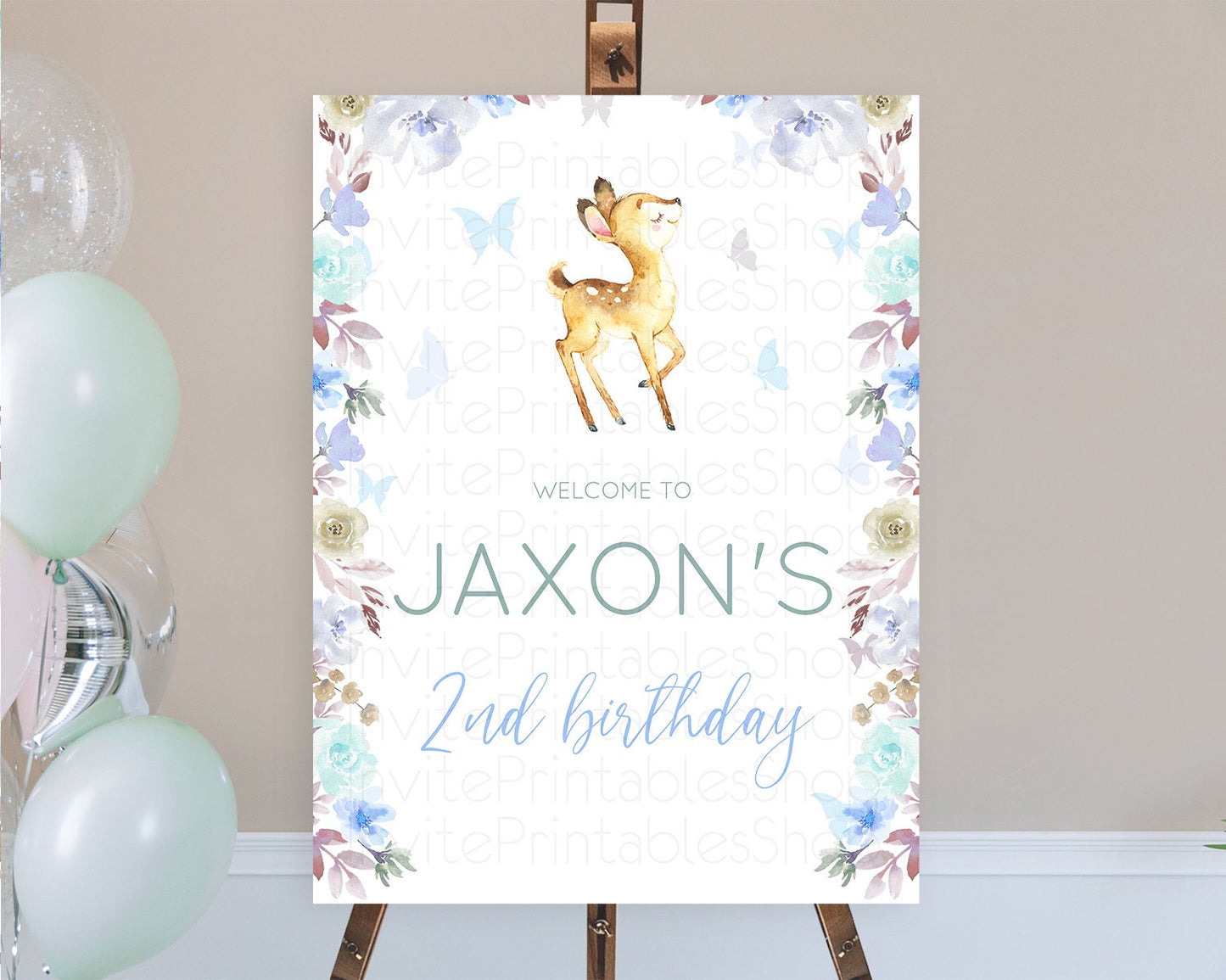 Fawn Welcome Sign Deer Welcome Board Floral Deer Welcome Poster Enchanted Forest Butterfly Pastel Floral First Birthday Welcome Sign D10960