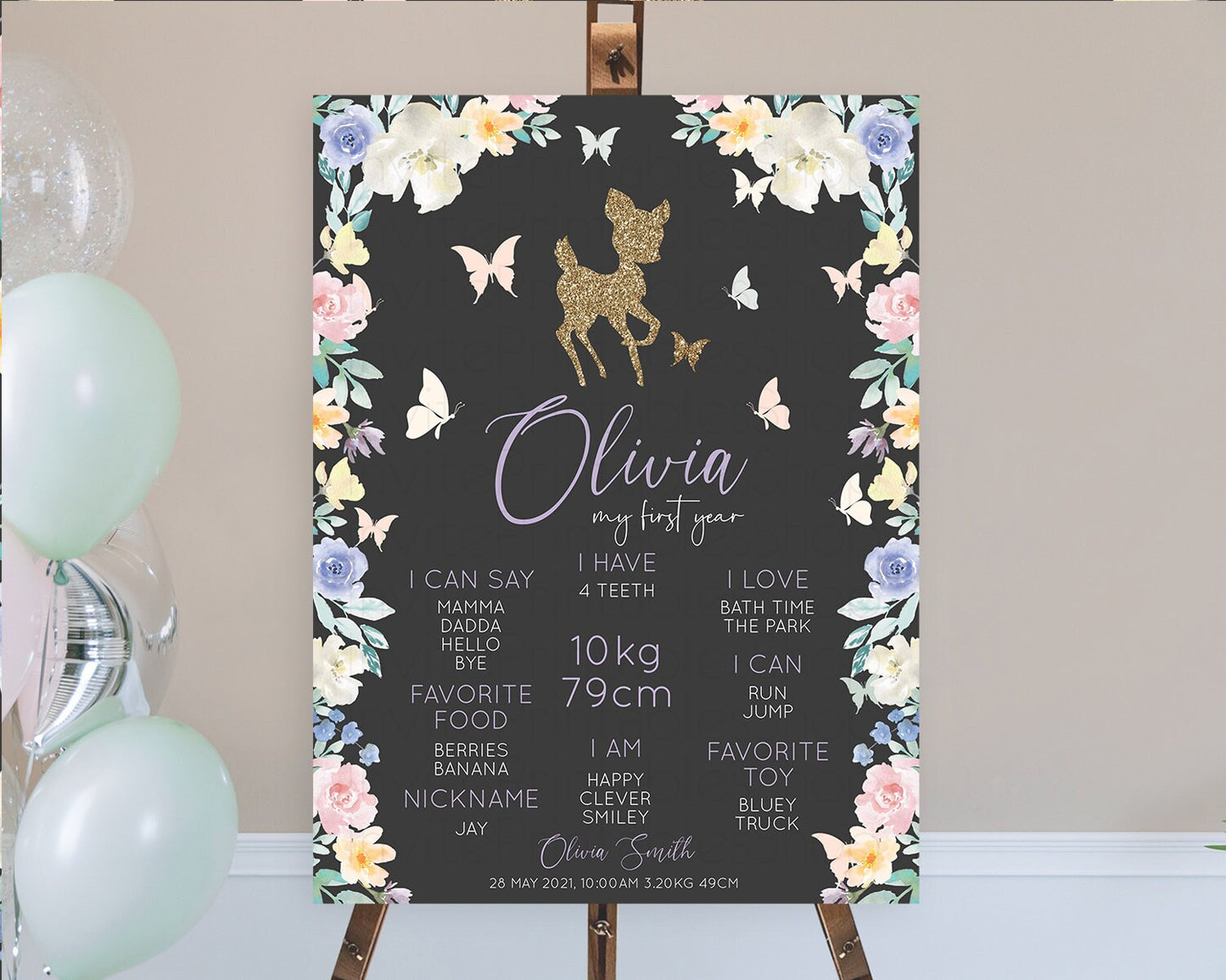 Editable Fawn First Birthday Milestone Board Deer First Birthday Milestone P